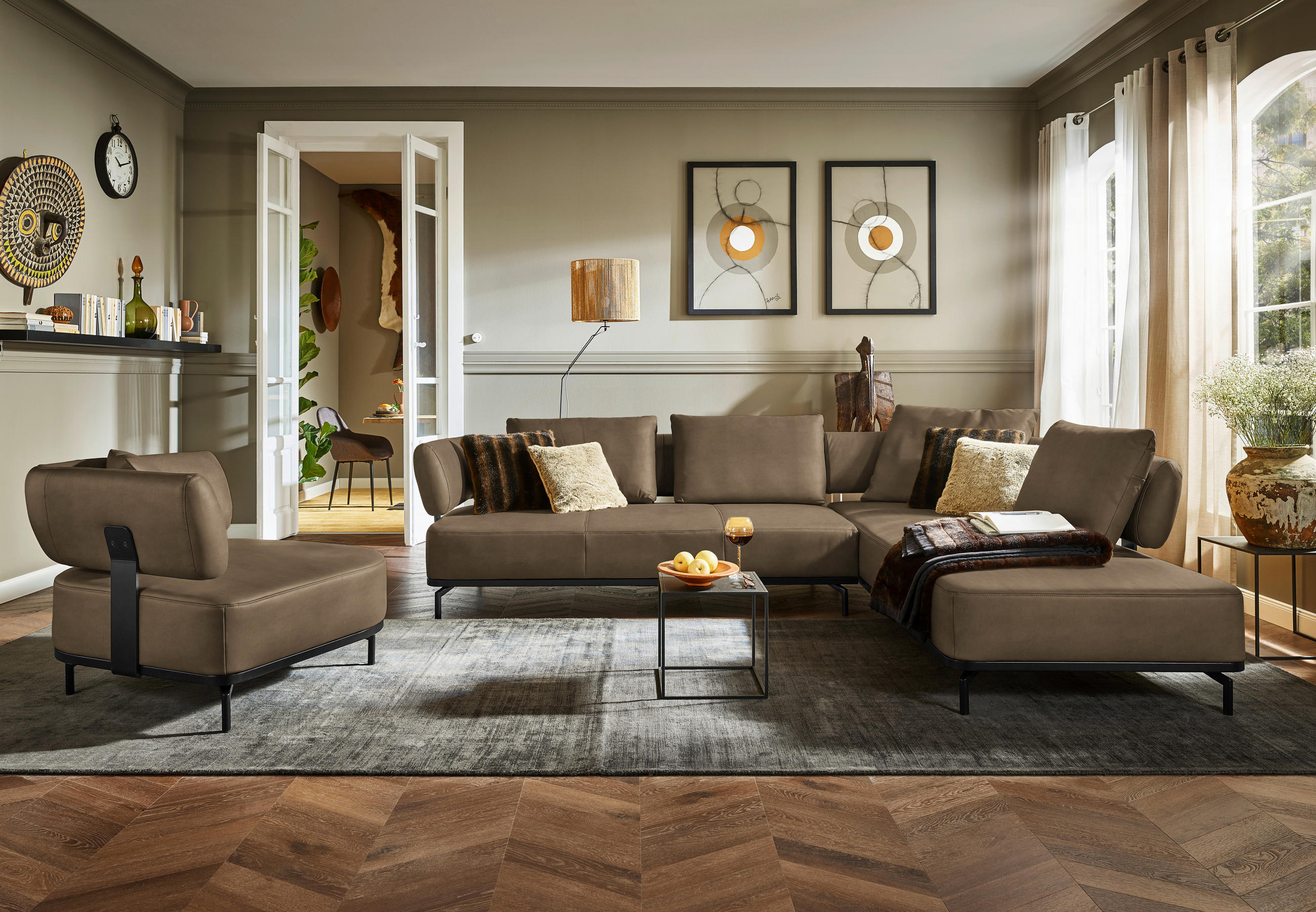 ECKSOFA in Echtleder Braun 302/237 cm - Schwarz/Braun, Design, Leder/Metall (302/237cm) - Dieter Knoll