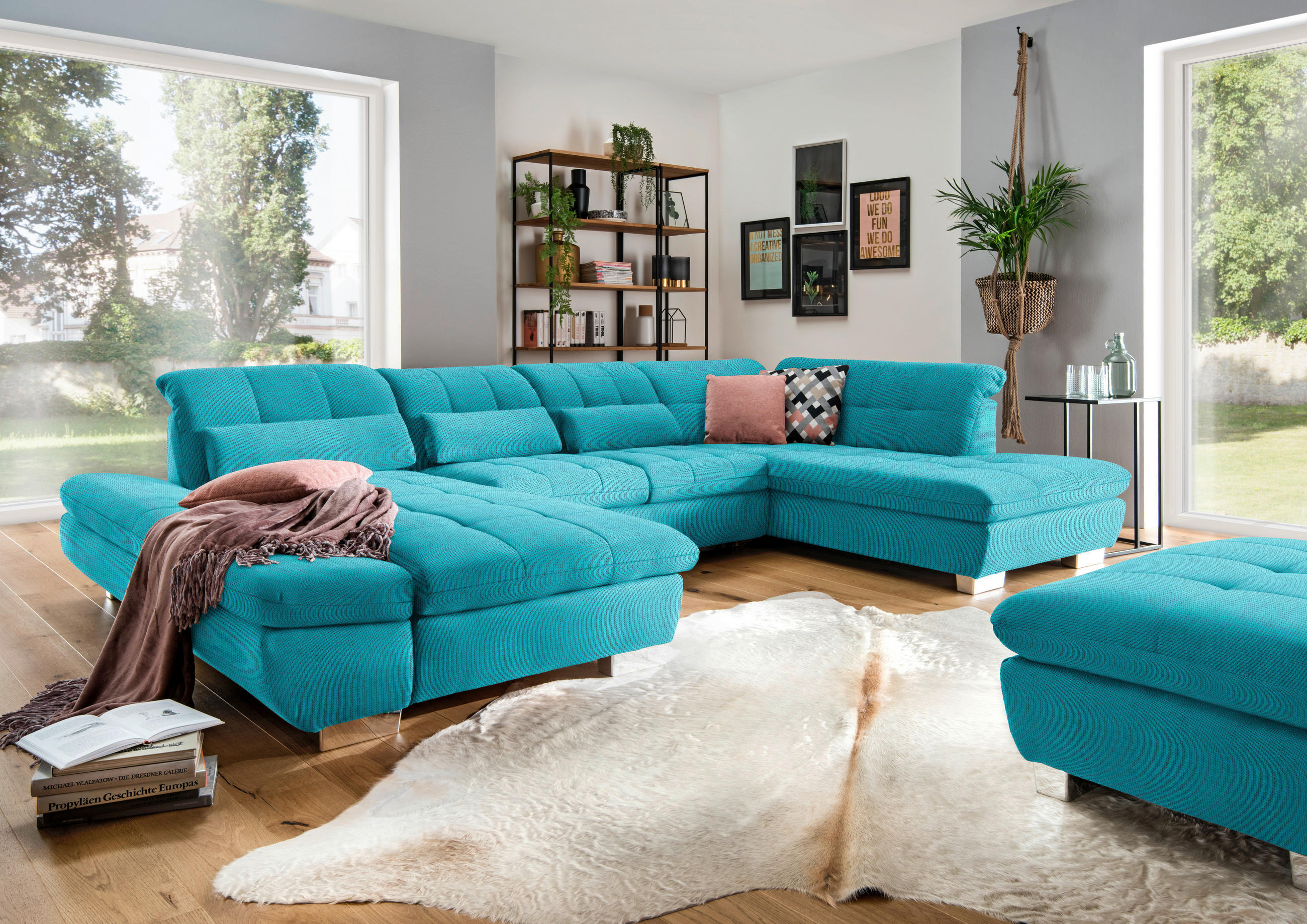 WOHNLANDSCHAFT in Mikrofaser Türkis  - Türkis/Chromfarben, Design, Kunststoff/Textil (204/350/211cm) - Xora