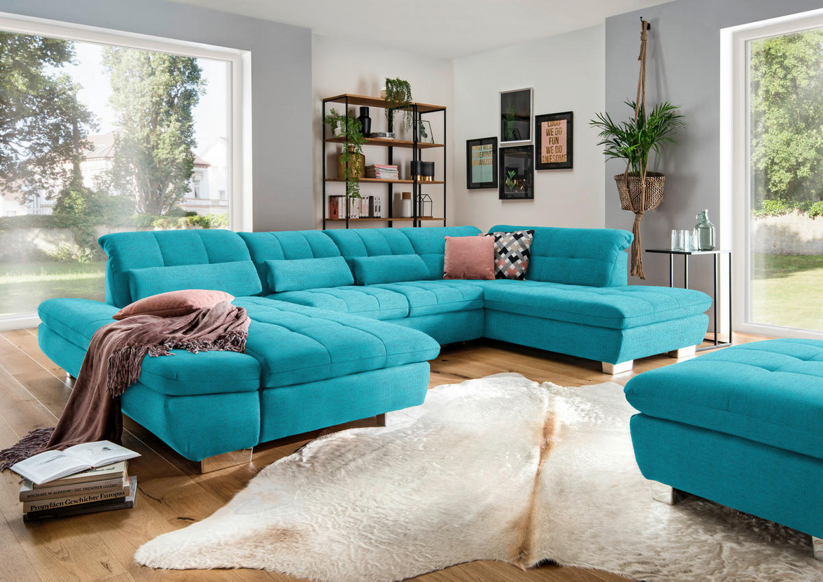 SALON PANORAMIQUE in Mikrofaser Türkis  - couleur chromée/turquoise, Design, textile/matière synthétique (204/350/211cm) - Xora