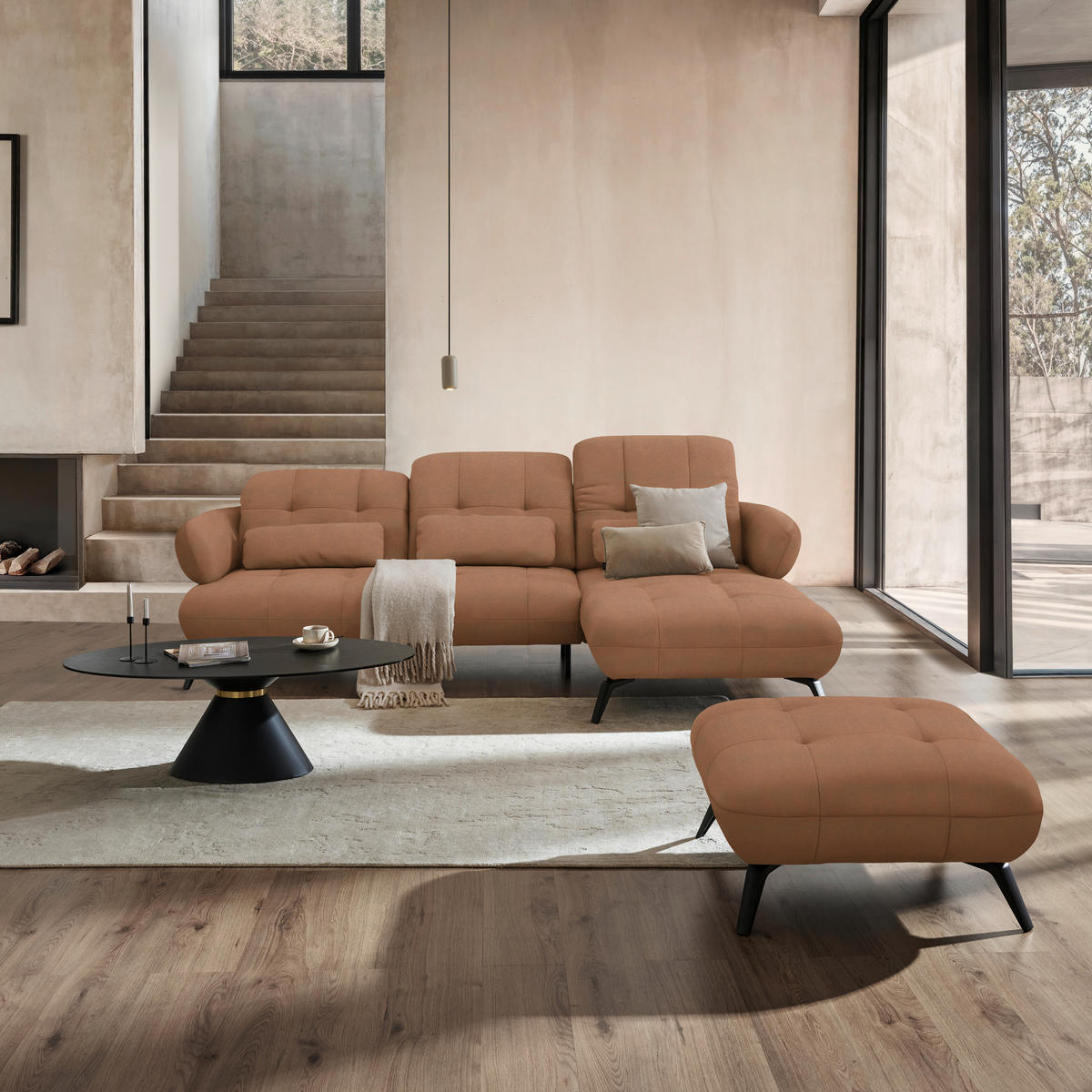 ECKSOFA Flachgewebe Terracotta  - Terracotta/Schwarz, Design, Textil/Metall (282/189cm) - Novel