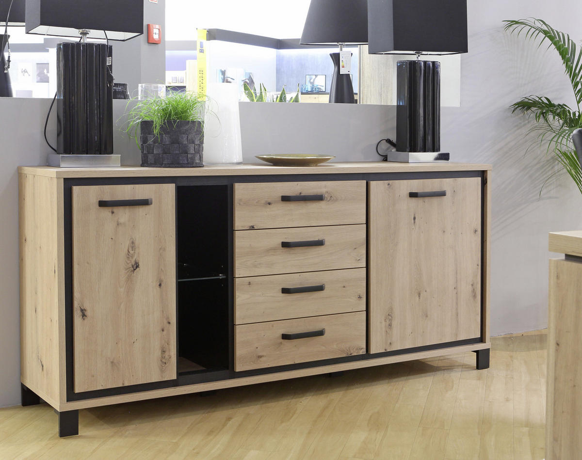 SIDEBOARD 177,4/81,3/41,5 cm  in Schwarz, Eichefarben  - Eichefarben/Schwarz, Basics, Glas/Holzwerkstoff (177,4/81,3/41,5cm) - Livetastic
