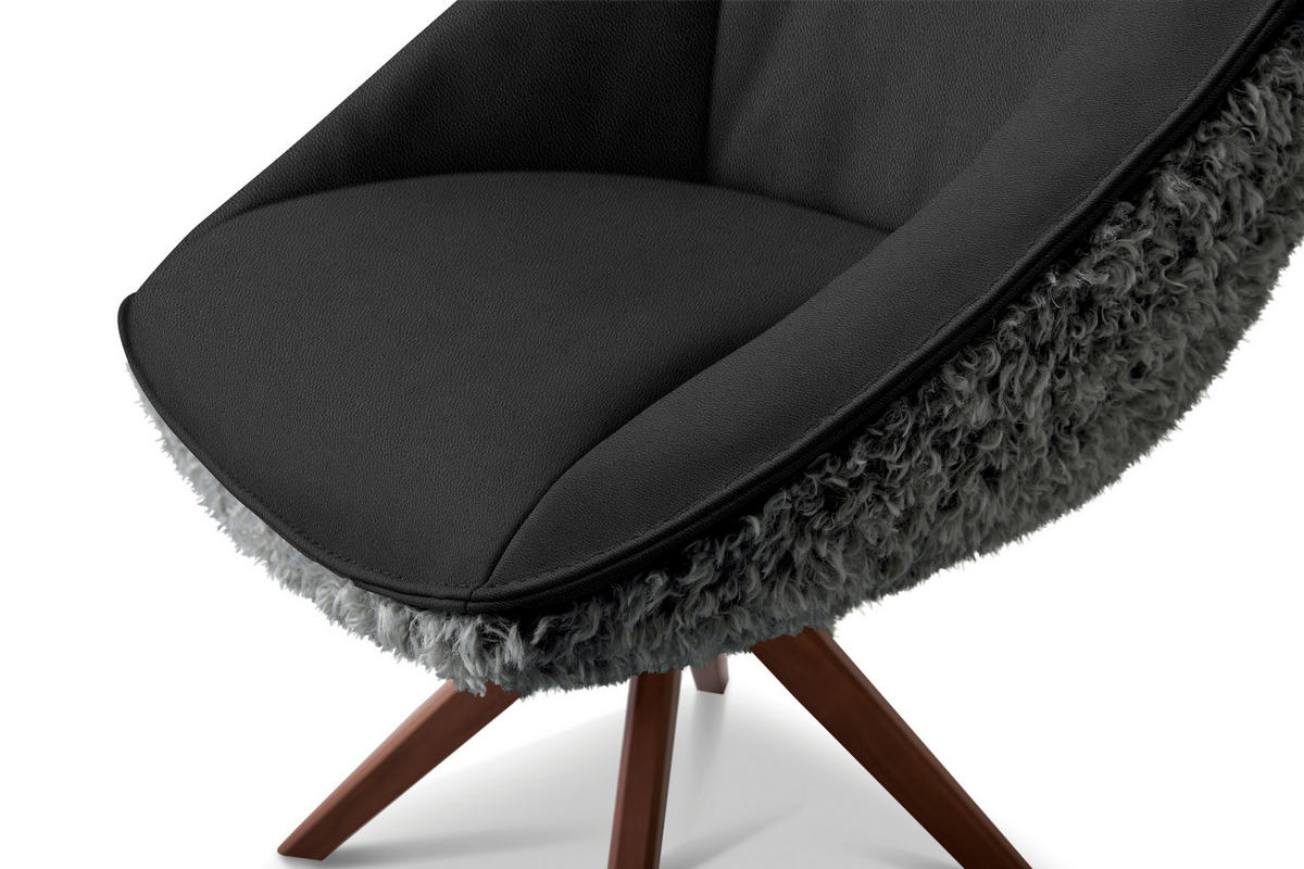 ARMLEHNSTUHL  Beinauswahl, Lederauswahl, Stoffauswahl, inklusive Armlehnen, automatische Rückholfunktion, gepolsterte Armlehnen, Sitzfläche 320° drehbar Hochflor Echtleder  - Nussbaumfarben/Dunkelblau, Design, Leder/Holz (61/89/70cm) - Koinor