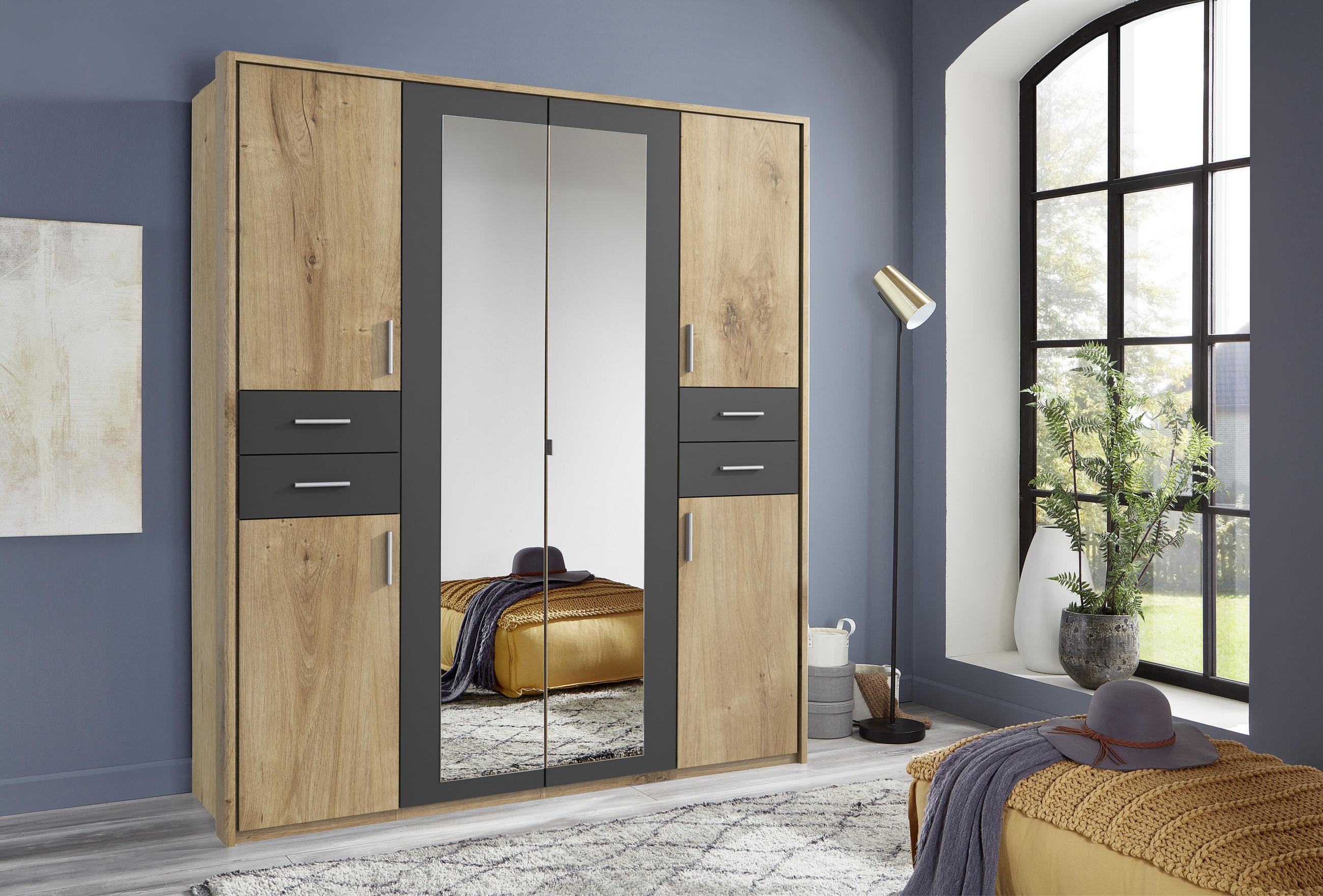 KLEIDERSCHRANK 6-türig Graphitfarben, Eichefarben - Eichefarben/Silberfarben, Basics, Holzwerkstoff/Kunststoff (180/208/58cm) - MID.YOU