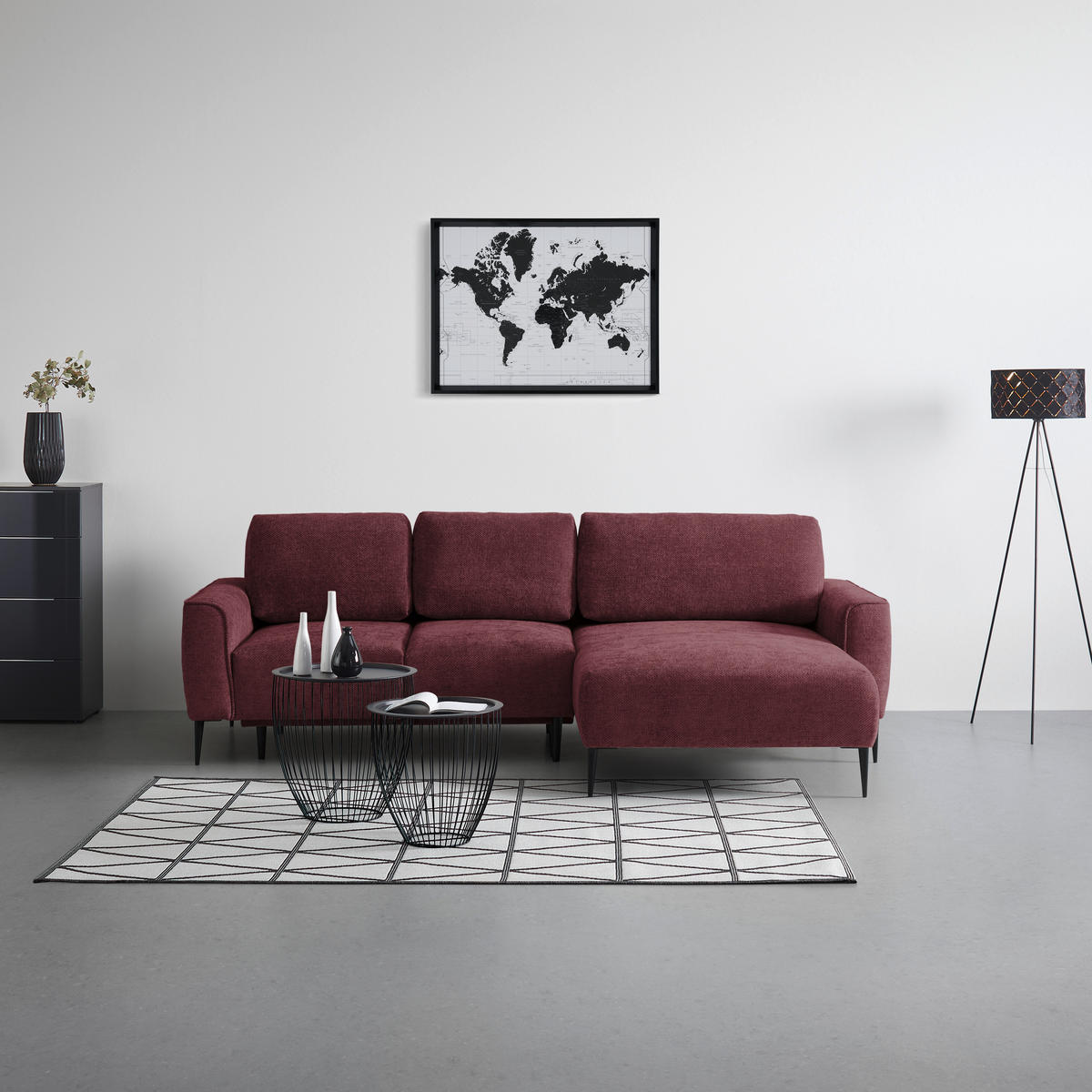 ECKSOFA in Webstoff Bordeaux  - Bordeaux/Schwarz, Modern, Textil/Metall (255/164cm) - MID.YOU