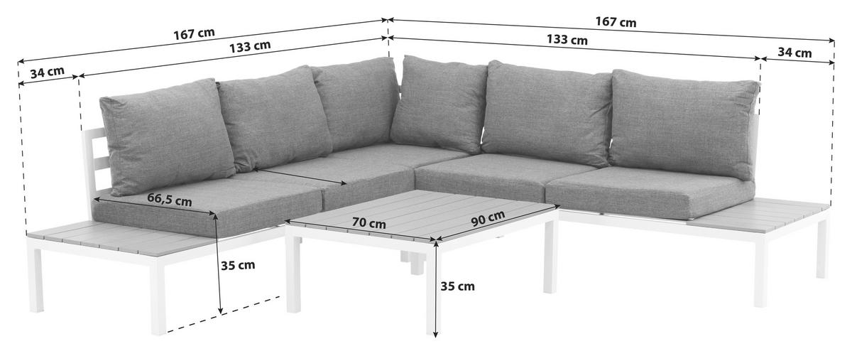 LOUNGEGARNITUR 133/167 cm Aluminium  - Weiß, KONVENTIONELL, Metall (133/167cm) - Gardenson