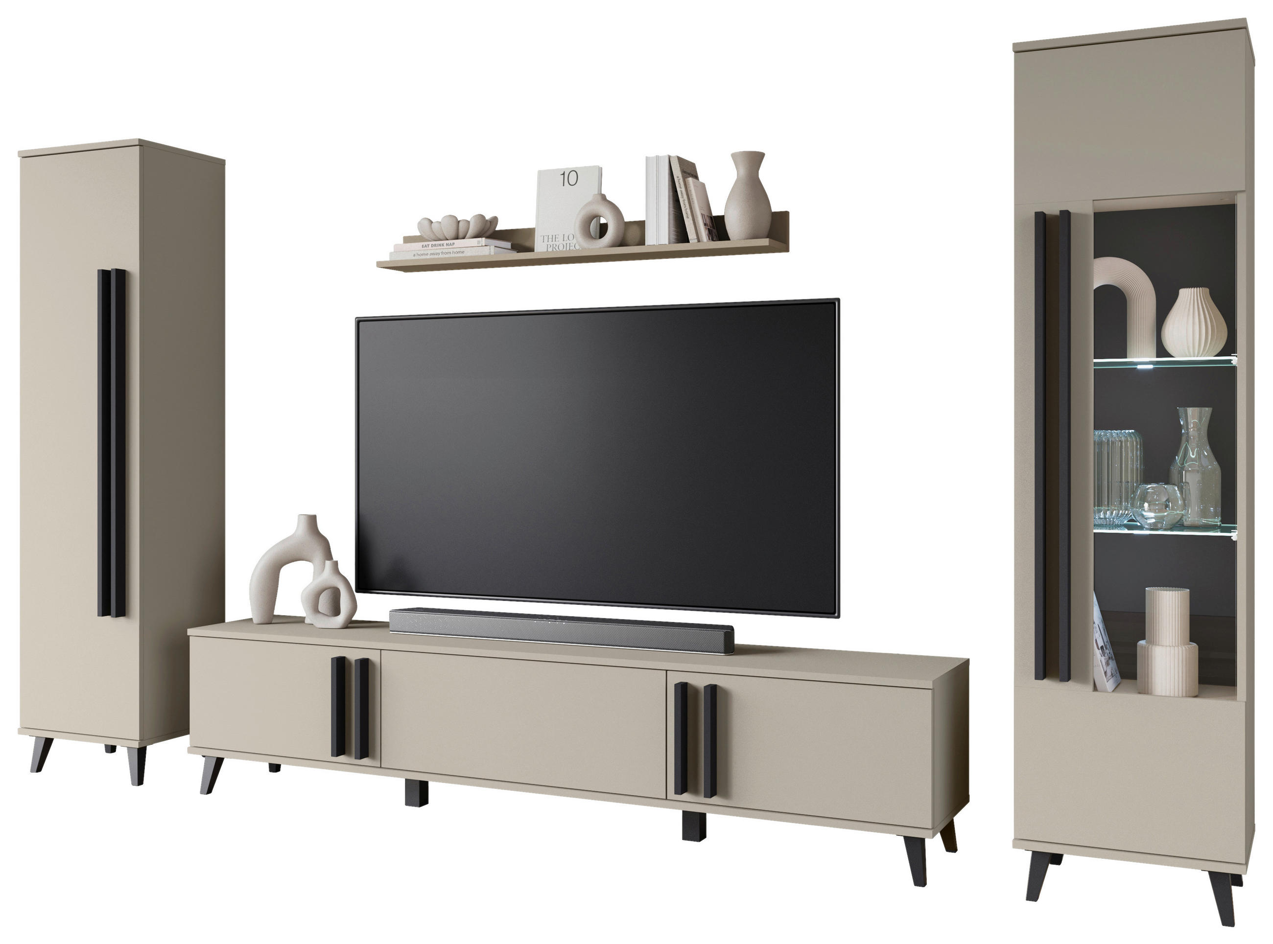 WOHNWAND Helsinki 4-teilig  in Beige  260/159,5/33 cm  - Beige/Schwarz, Trend, Glas/Holzwerkstoff (260/159,5/33cm)