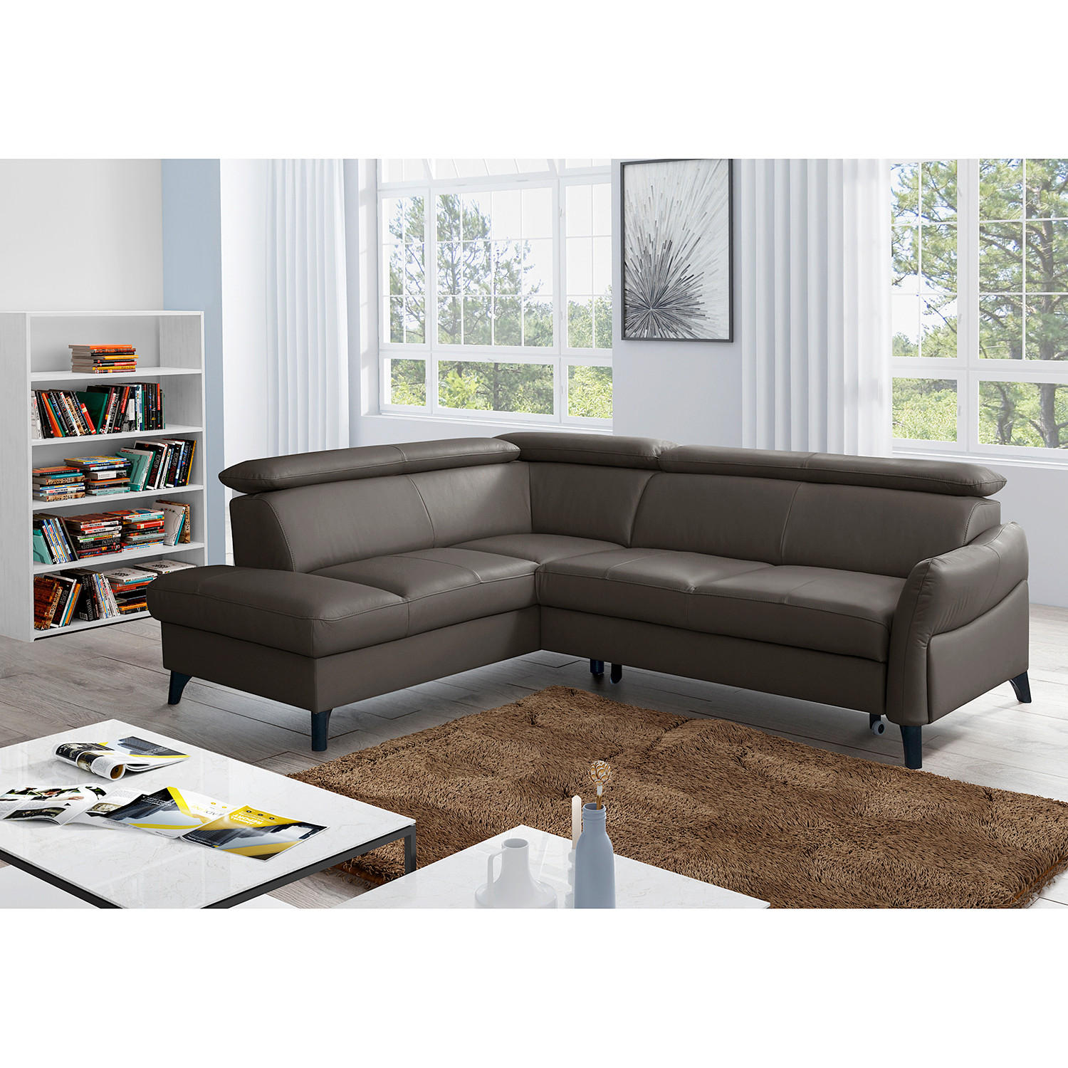 ECKSOFA Dunkelbraun Echtleder Lederlook  - Dunkelbraun/Schwarz, Design, Leder/Holz (199/244cm) - Livetastic