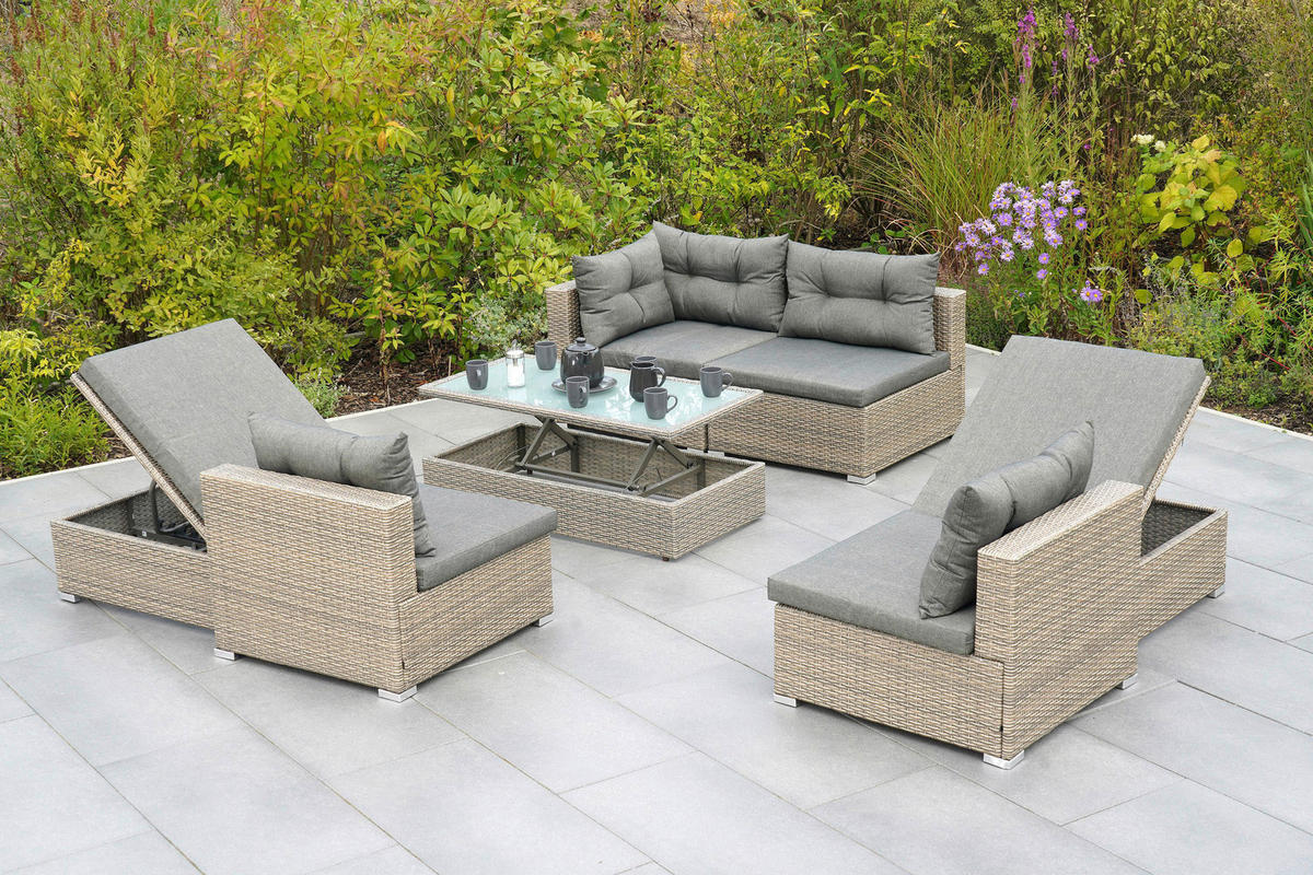 LOUNGEGARNITUR 7-teilig   Stahl  - Naturfarben/Grau, MODERN, Glas/Kunststoff - Gardenson
