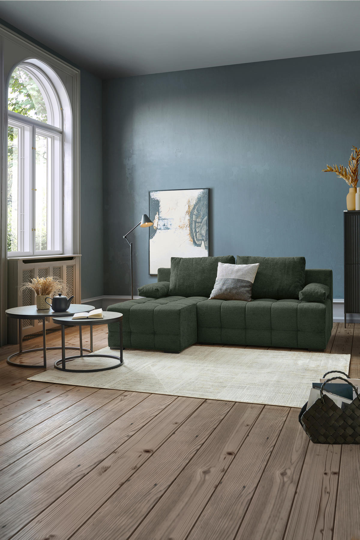 ECKSOFA  in Chenille Dunkelgrün  - Dunkelgrün/Schwarz, MODERN, Kunststoff/Textil (145/204cm) - home24