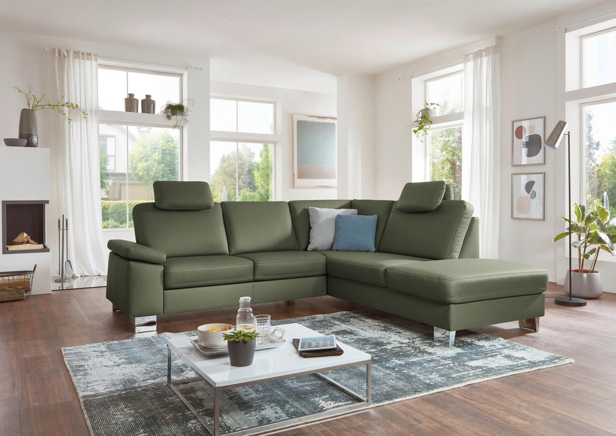 ECKSOFA  in Echtleder Olivgrün  248/235 cm  - Alufarben/Olivgrün, Design, Leder/Metall (248/235cm) - Beldomo Premium