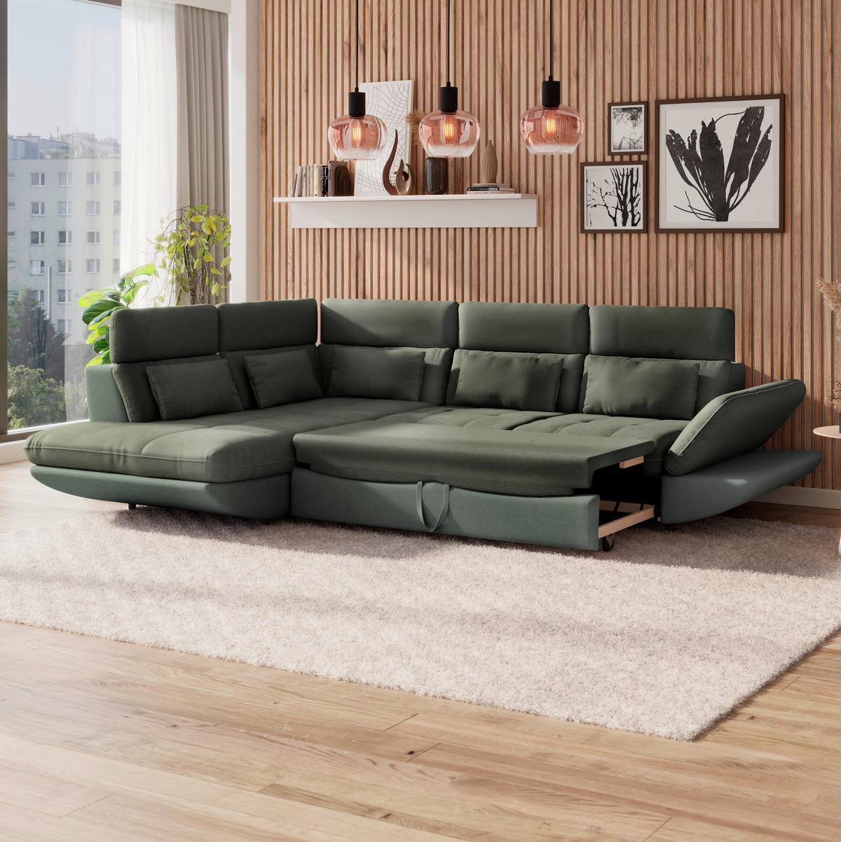 WOHNLANDSCHAFT Dunkelgrün, Hellgrün Webstoff  - Dunkelgrün/Schwarz, MODERN, Kunststoff/Textil (233/311cm) - MID.YOU