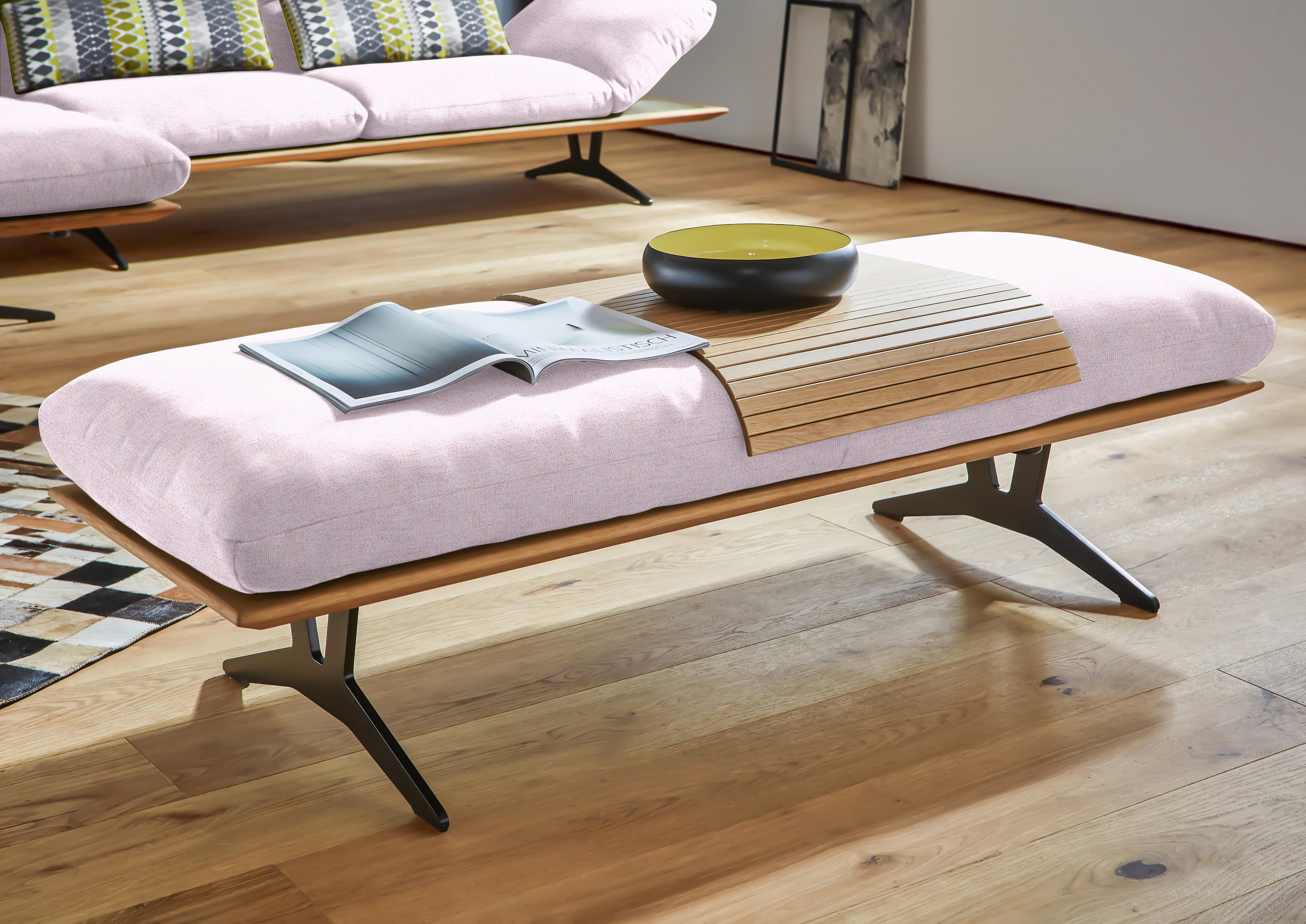 HOCKERBANK in Holz, Textil Hellrosa  - Hellrosa/Schwarz, Design, Holz/Textil (150/43/60cm) - Dieter Knoll
