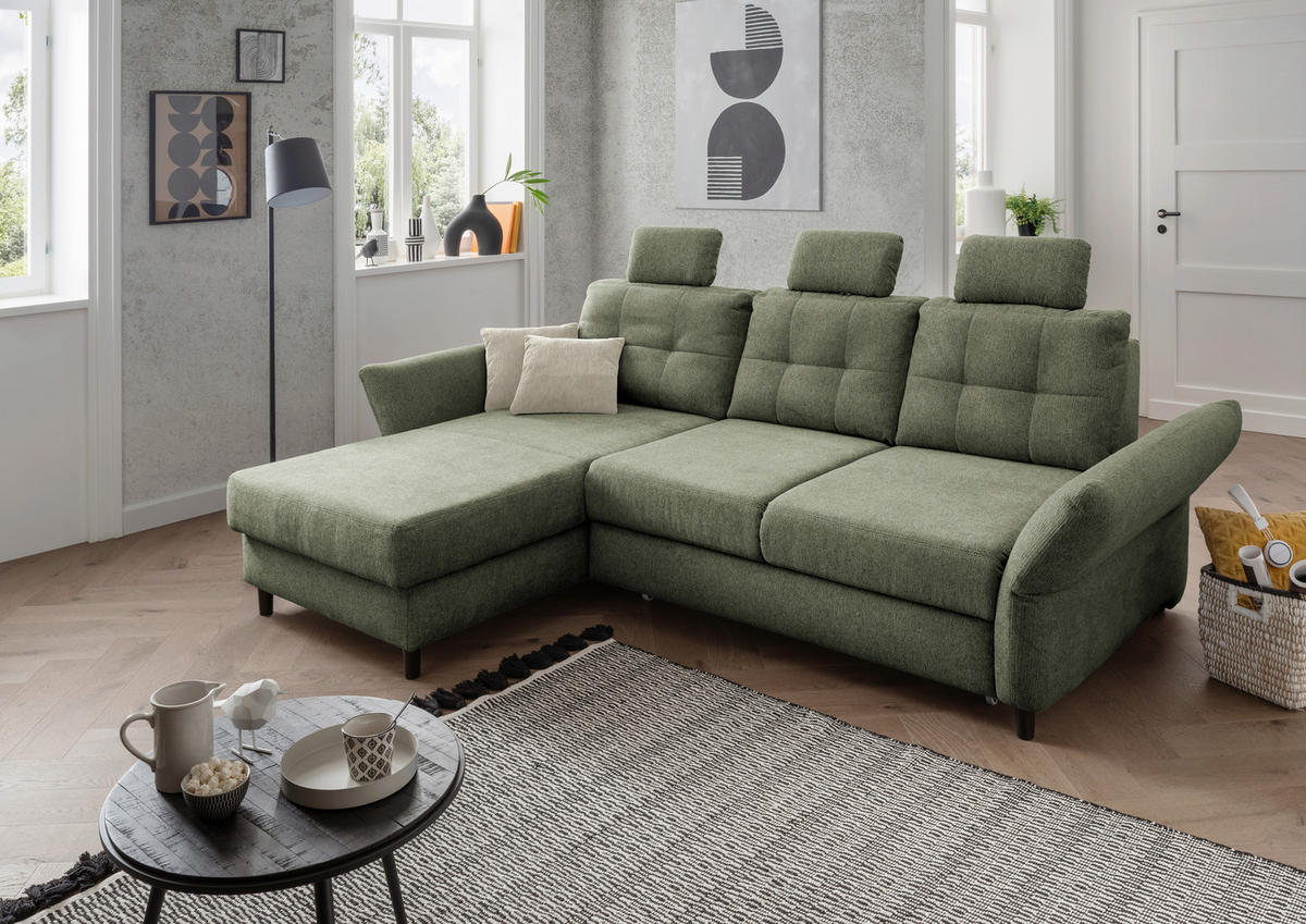 ECKSOFA in Chenille Dunkelgrün  - Dunkelgrün/Beige, Modern, Holz/Textil (176/250-280cm) - Livetastic