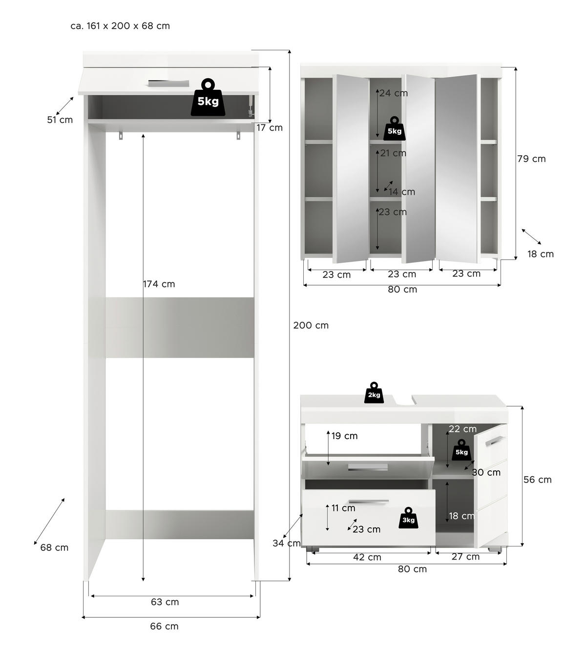 BADEZIMMER 3-teilig  in 161 cm  - Weiß Hochglanz/Silberfarben, Trend, Glas/Holzwerkstoff (161cm) - MID.YOU