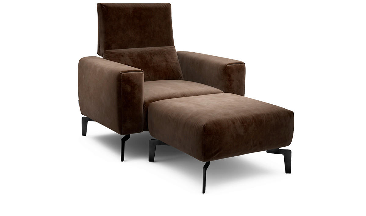 Sessel inkl. Hocker in Samt Braun  - Schwarz/Braun, Design, Textil/Metall (110/85/86-94cm) - SENSOO