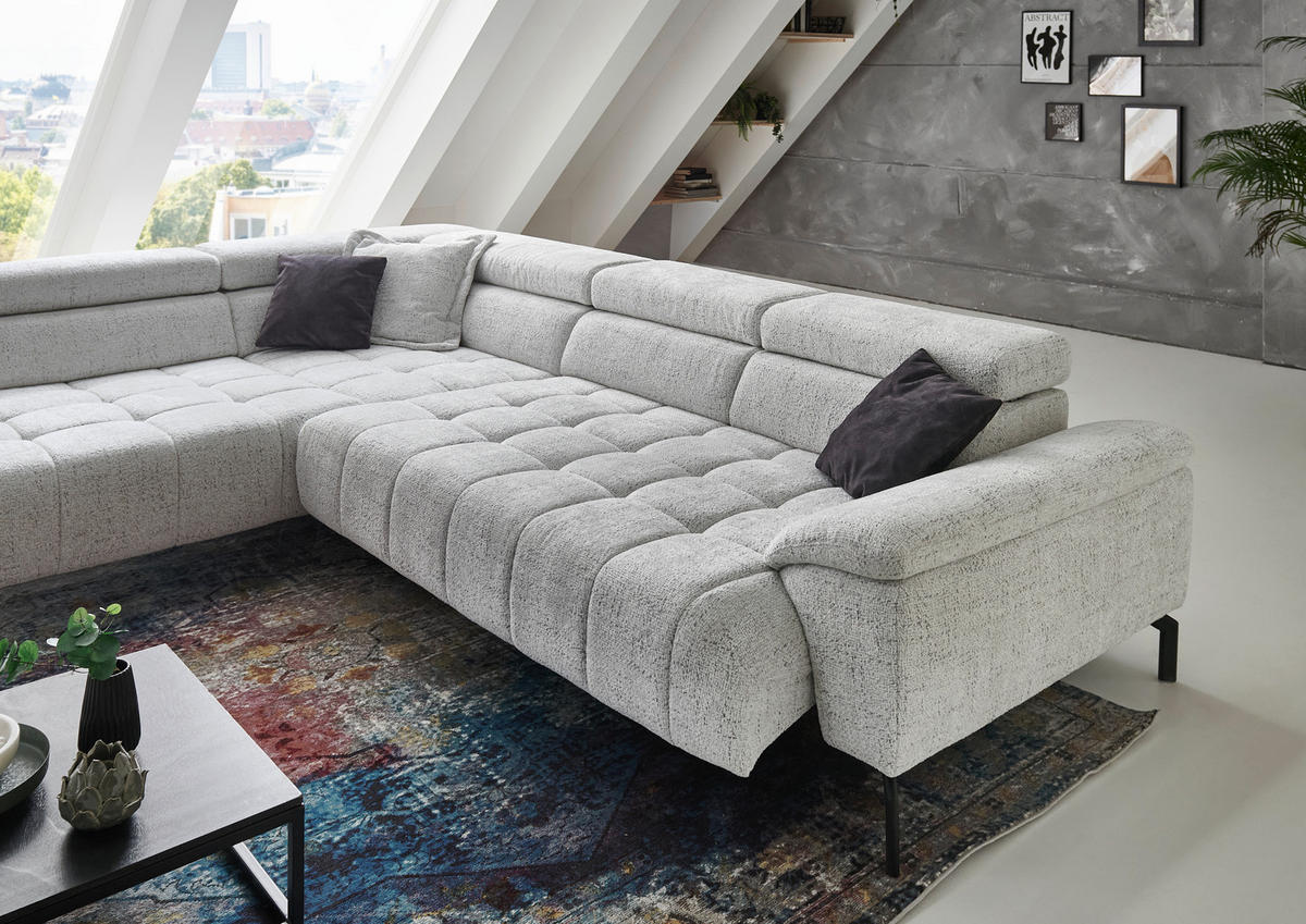 ECKSOFA in Chenille Grauweiss  - Schwarz/Grauweiss, Design, Textil/Metall (323/222cm) - Beldomo Style