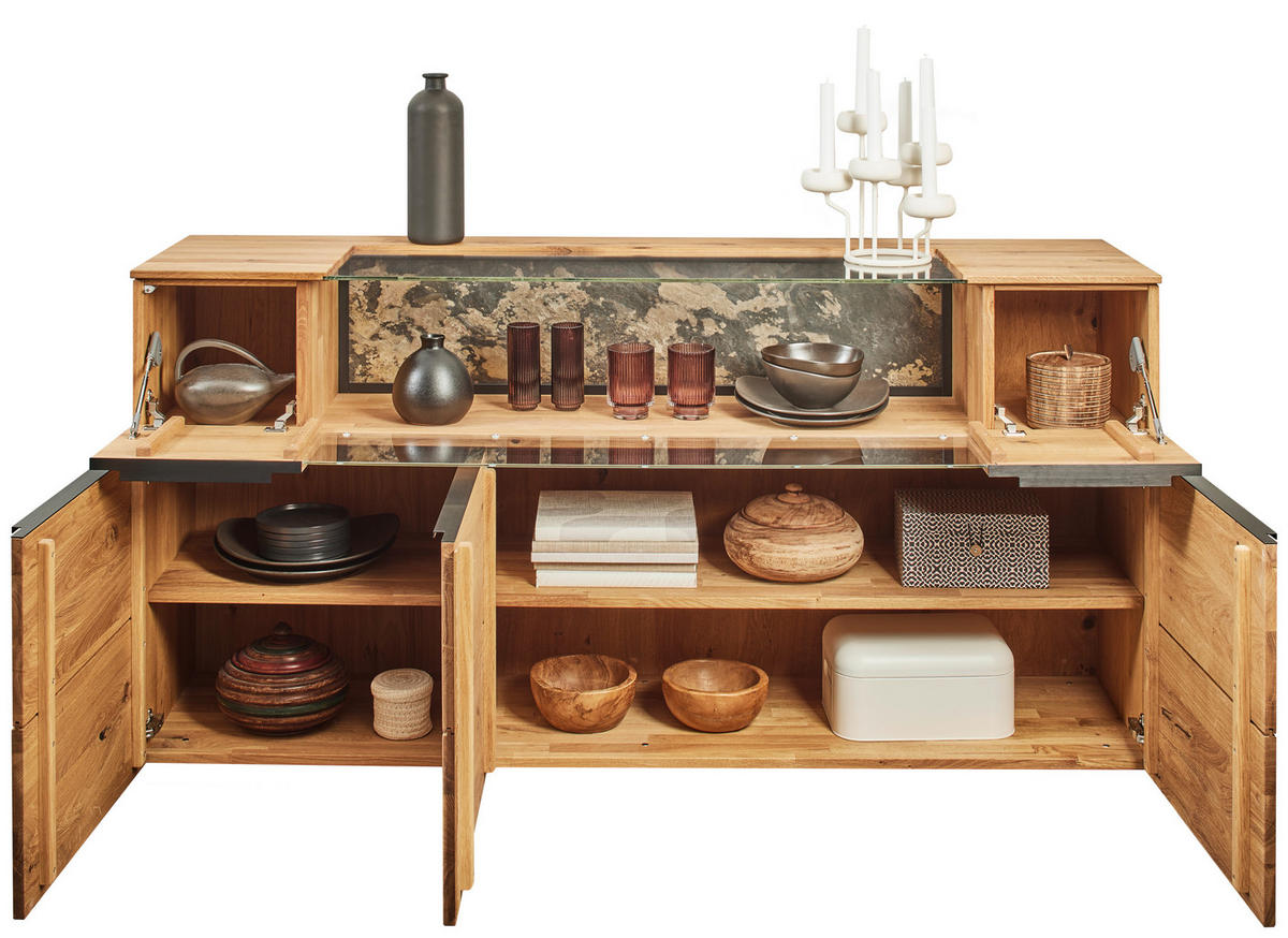 SIDEBOARD Eichefarben  180/90,5/47,1 cm  - Eichefarben/Schwarz, Natur, Glas/Holz (180/90,5/47,1cm) - Valnatura