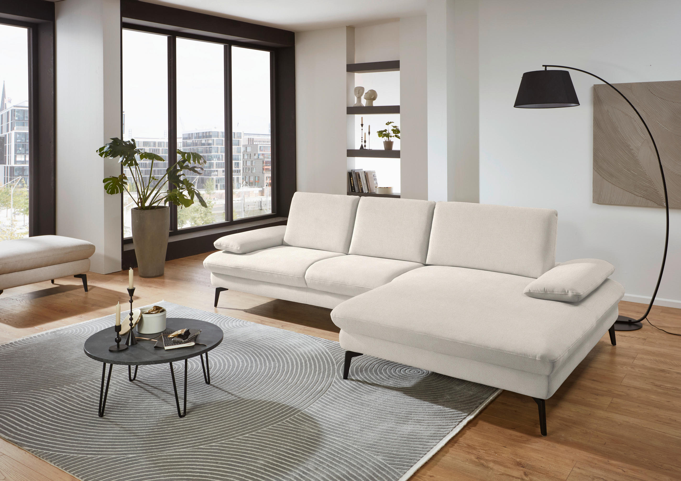 ECKSOFA in Chenille, Mikrofaser Creme  - Creme/Schwarz, Design, Textil/Metall (299/157cm) - Dieter Knoll