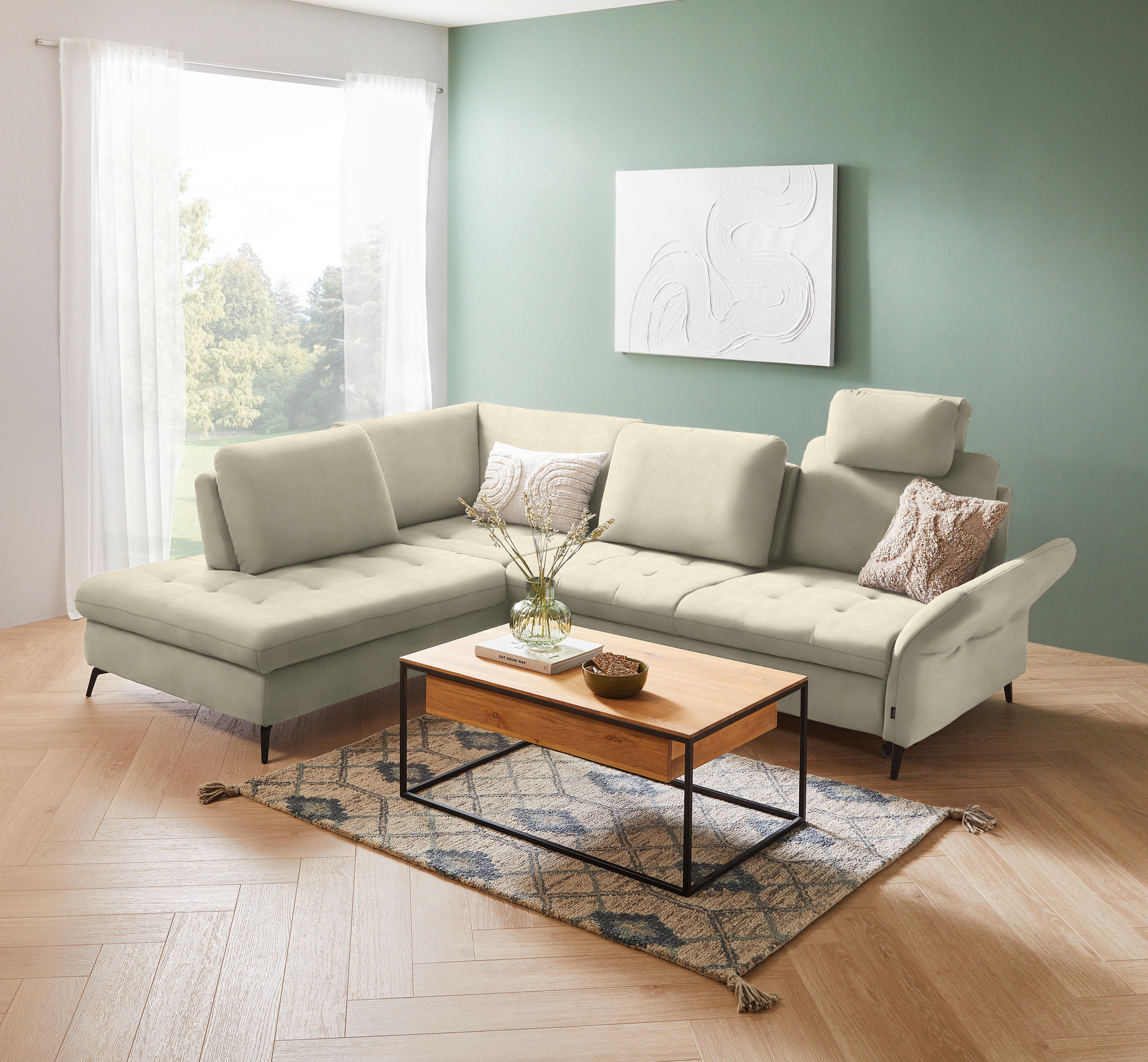 ECKSOFA in Flachgewebe Creme  - Creme/Schwarz, Natur, Textil/Metall (233/288cm) - Valnatura