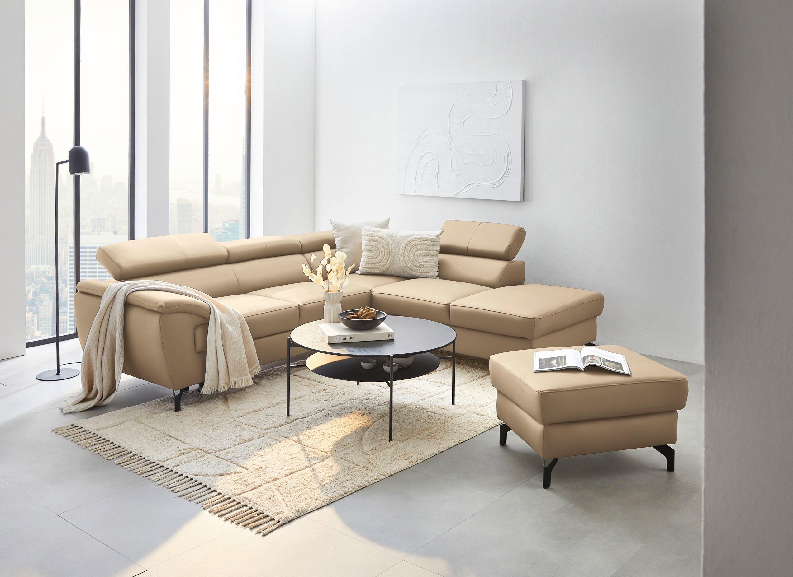 ECKSOFA in Lederlook Kombination Echtleder/Lederlook Beige  - Beige/Schwarz, Design, Leder/Textil (256/220cm) - Celina Home