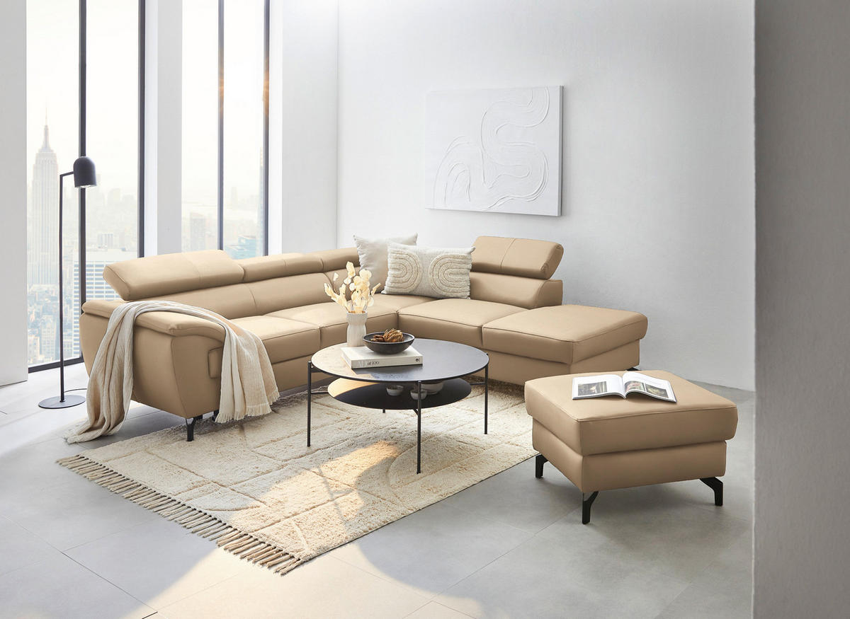 ECKSOFA in Echtleder Beige  - Beige/Schwarz, Design, Leder/Metall (256/220cm) - Celina Home