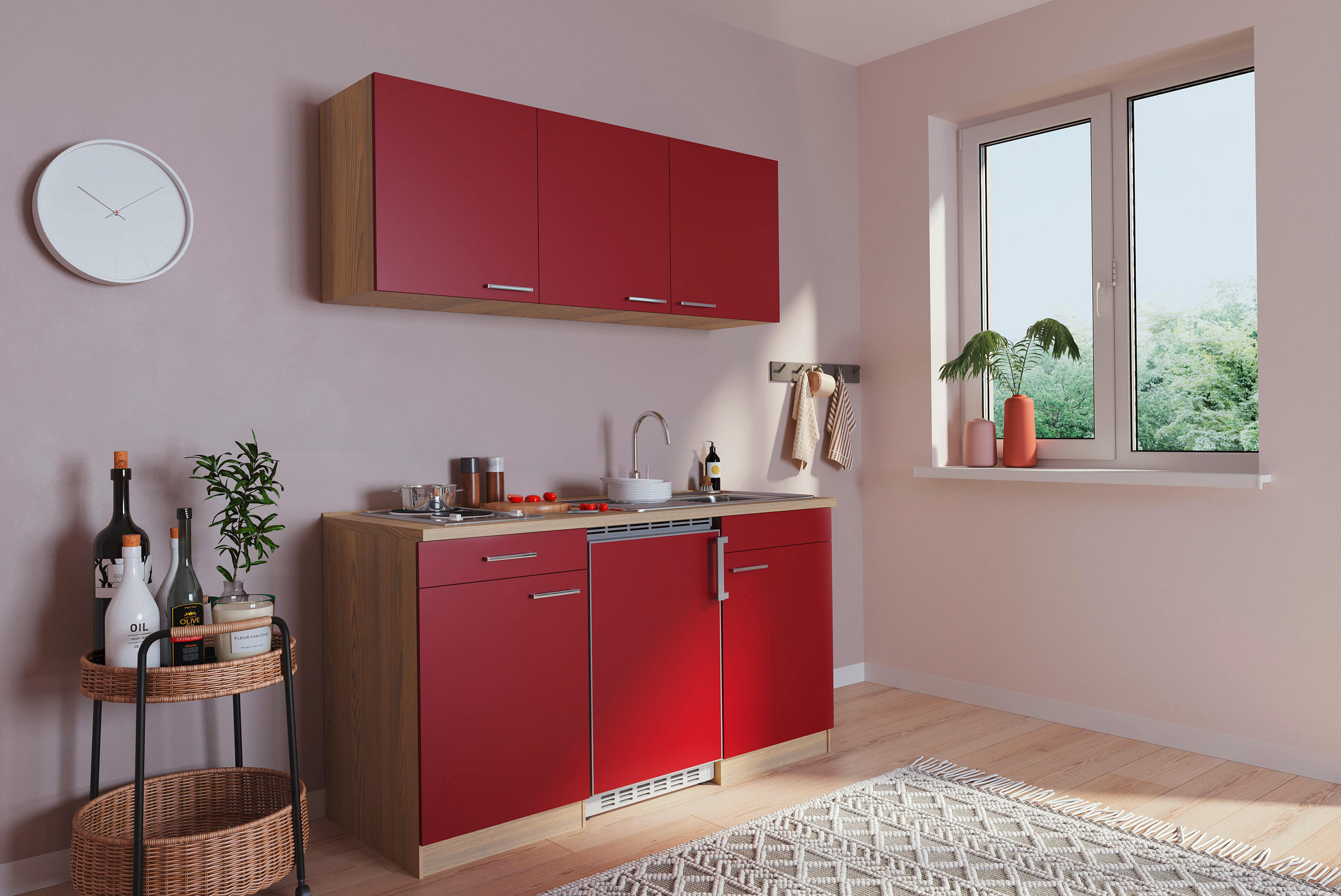 MINIKÜCHE 150 cm Rot, Eichefarben E-Geräte, Spüle - Eichefarben/Rot, Basics (150cm) - Respekta