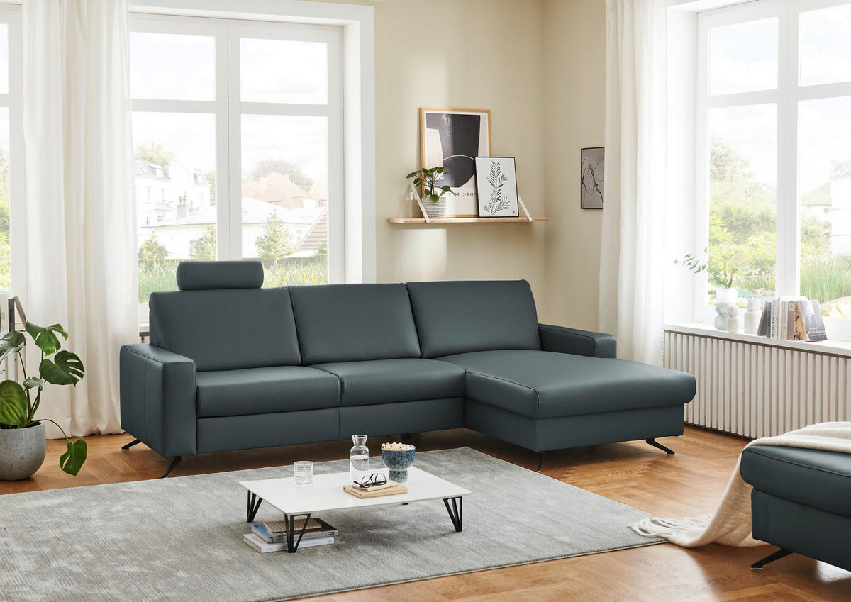 ECKSOFA in Echtleder Blaugrau  - Blaugrau/Schwarz, Design, Leder/Metall (267/165cm) - Lomoco