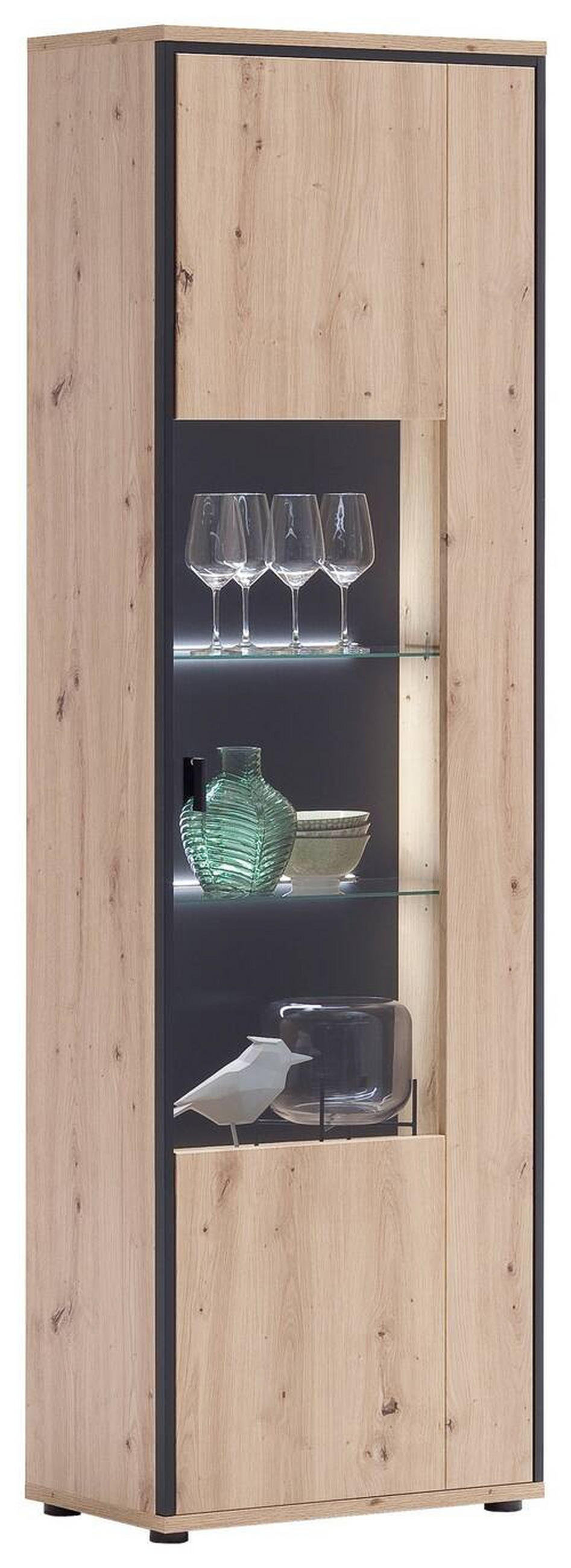 VITRÍNA, antracitová, čiré, barvy dubu, 63/210/38 cm - barvy dubu/čiré, Design, kov/kompozitní dřevo (63/210/38cm) - MID.YOU