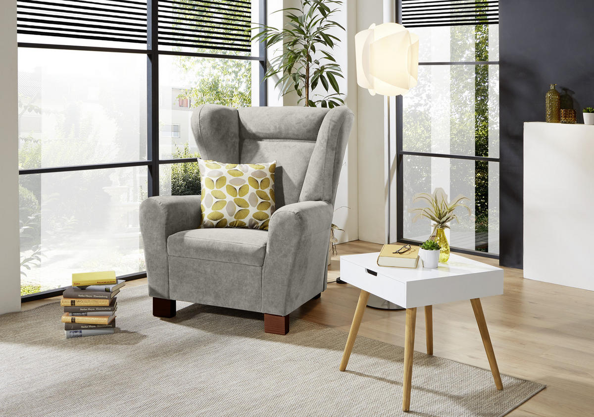 OHRENSESSEL in Flachgewebe Hellgrau  - Hellgrau/Braun, Design, Holz/Textil (95/109/97cm) - Livetastic
