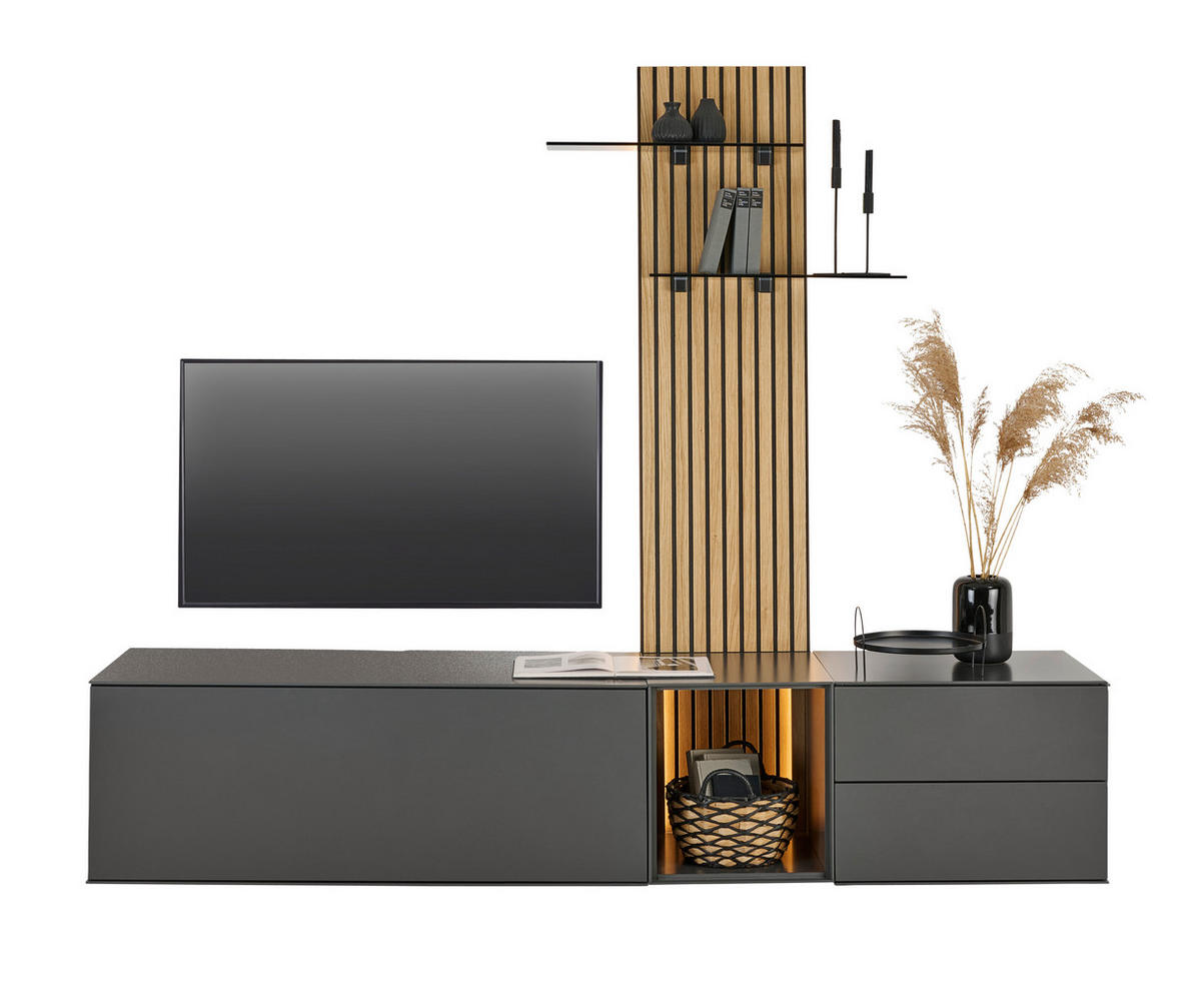 WOHNWAND  in Anthrazit, Eichefarben  221/204/50 cm LED-Leuchtmittel   - Eichefarben/Anthrazit, Design, Glas/Holz (221/204/50cm) - Dieter Knoll