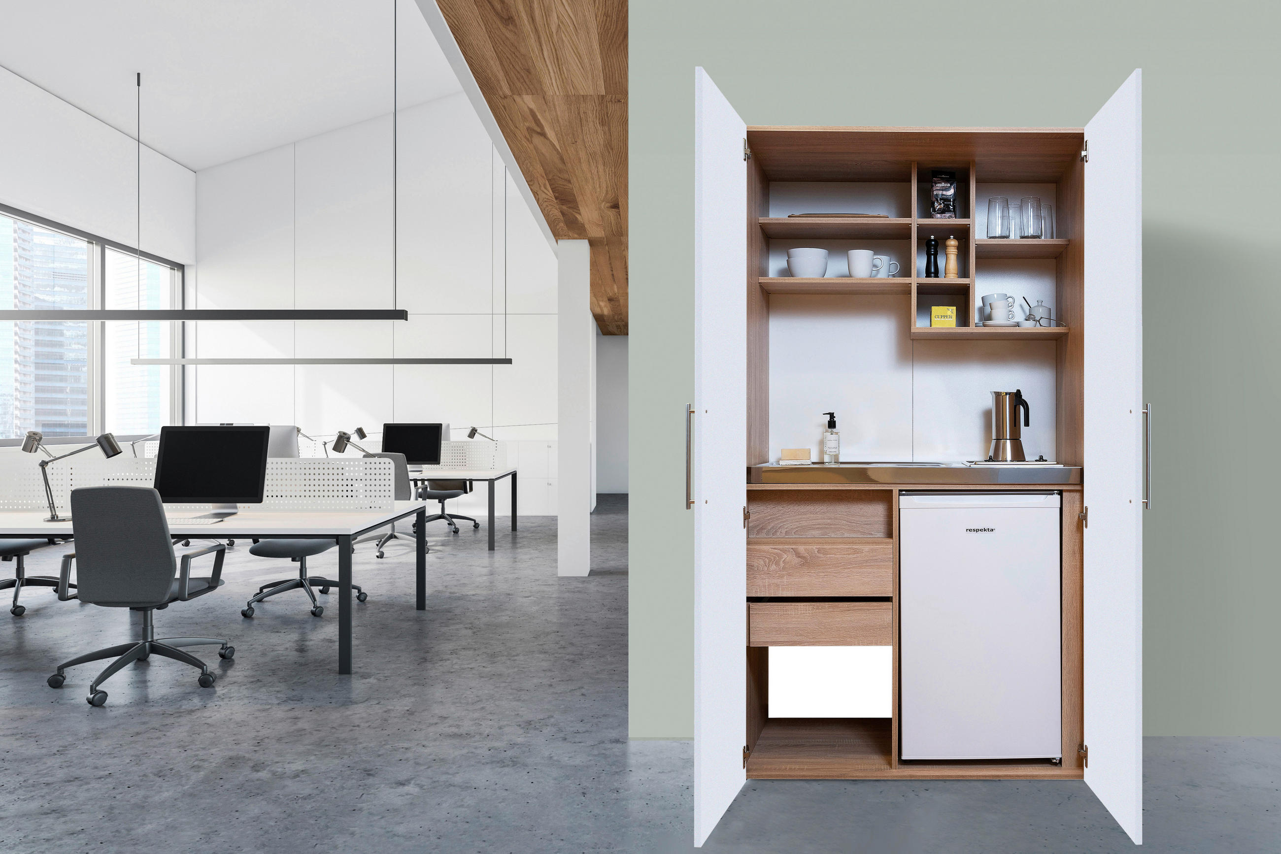 Schrankküche mit Kühlschrank + Kochfeld 104 cm Weiß