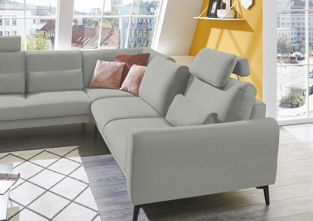ECKSOFA in Velours, Feincord Silberfarben  - Silberfarben/Schwarz, Design, Textil/Metall (254/280cm) - Beldomo Style