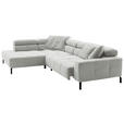 ECKSOFA Hellgrau Feincord Rücken echt, Kopfteilverstellung, Sitzvorzug  - Hellgrau/Schwarz, KONVENTIONELL, Textil/Metall (219/311cm) - Hom`in