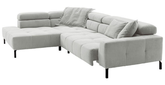ECKSOFA Hellgrau Feincord Rücken echt, Kopfteilverstellung, Sitzvorzug  - Hellgrau/Schwarz, KONVENTIONELL, Textil/Metall (219/311cm) - Hom`in
