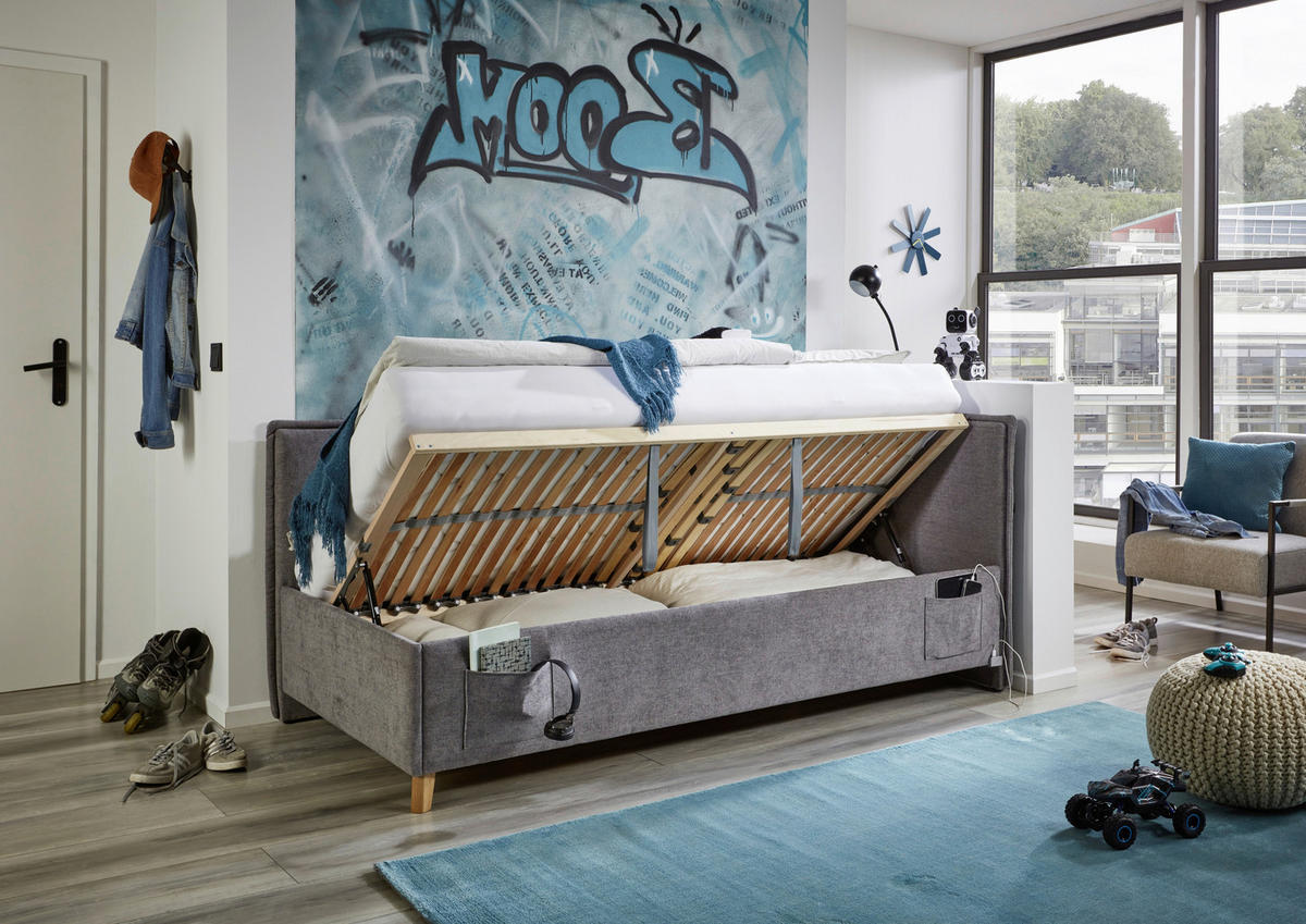 POLSTERLIEGE in Flachgewebe Grau  - Eichefarben/Birkefarben, Konventionell, Holz/Textil (90/200cm) - home24
