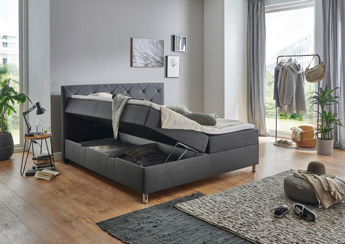 BOXBETT 180/200 cm,  in Anthrazit, Matratze, gepolstertes Kopfteil, Bettkasten, Topper,  - Chromfarben/Anthrazit, Basics, Textil/Metall (180/200cm) - Xora