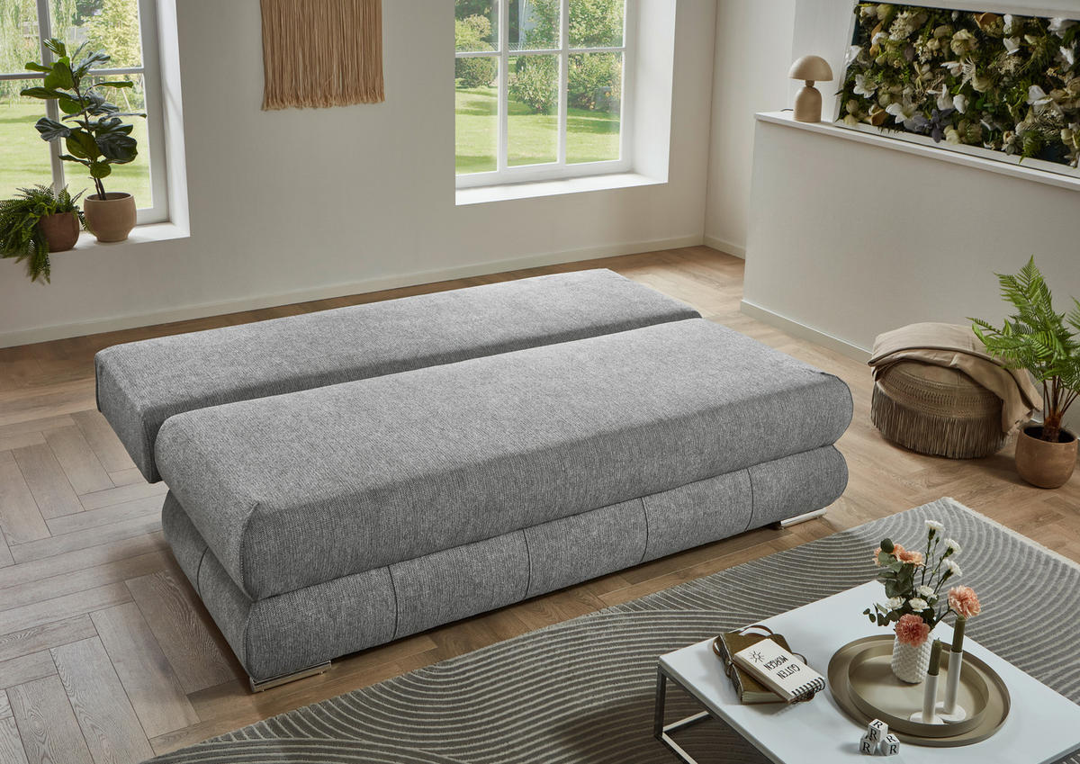 SCHLAFSOFA Webstoff Silberfarben  inkl. Rückenkissen, Armlehnenkissen, Bettkasten, Schlaffunktion, Rücken echt, Liegefläche im Originalstoff  - Edelstahlfarben/Silberfarben, KONVENTIONELL, Textil/Metall (199/95/97cm) - Carryhome