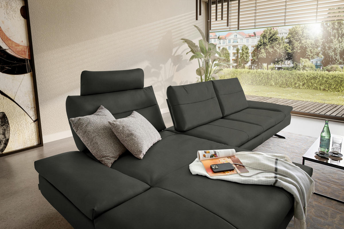 ECKSOFA in Echtleder Graphitfarben  158/342 cm  - Schwarz/Graphitfarben, MODERN, Leder/Metall (158/342cm) - Chilliano
