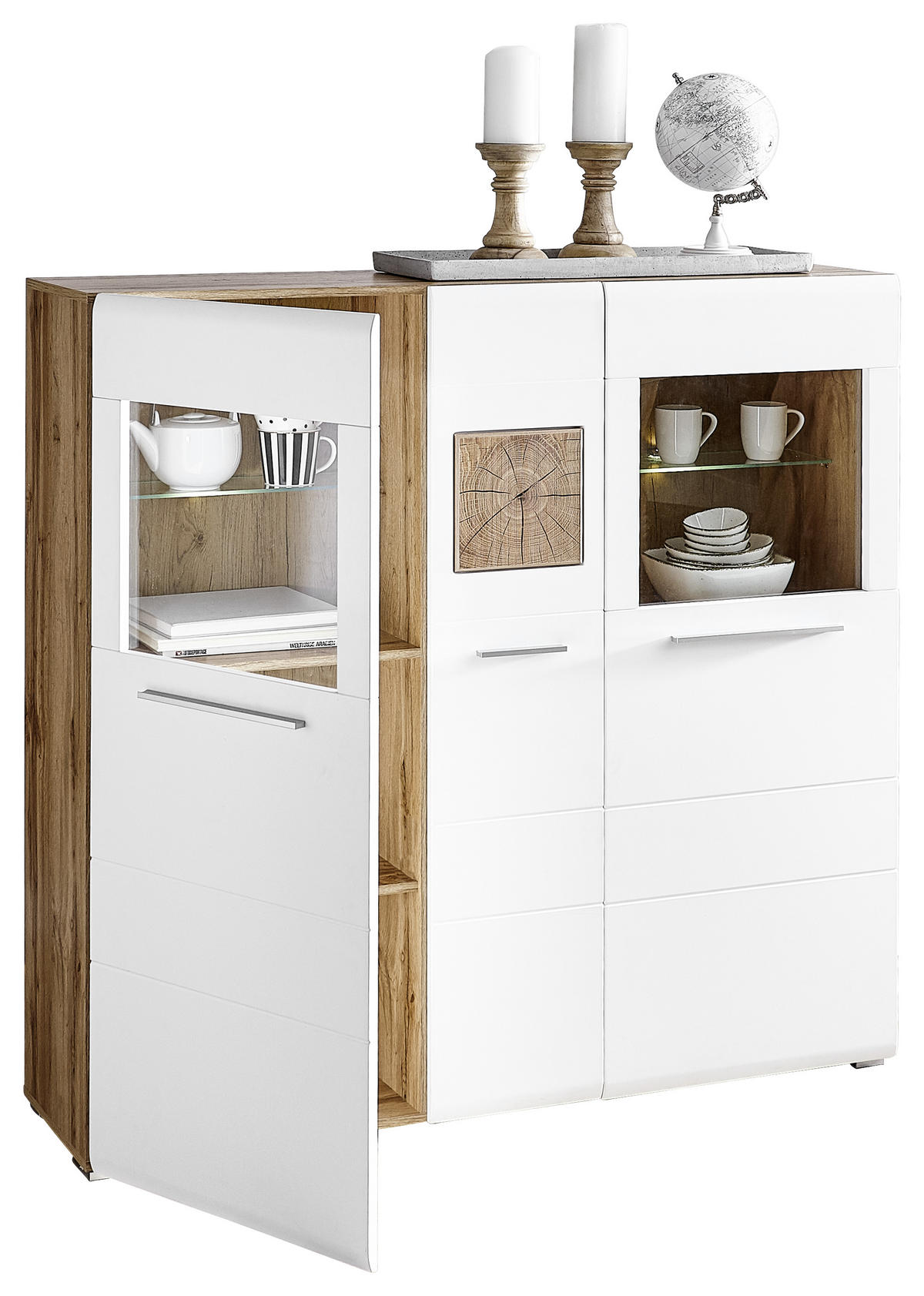 VISOKA KOMODA   140/135/37 cm   bela, boja hrasta  - boja hroma/boja hrasta, Konvencionalno, staklo/drvo (140/135/37cm) - Hom`in