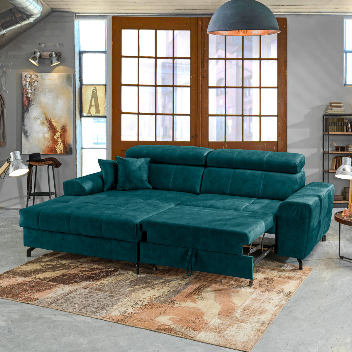 ECKSOFA Petrol Velours  - Petrol/Schwarz, Design, Textil/Metall (181/267cm) - Carryhome