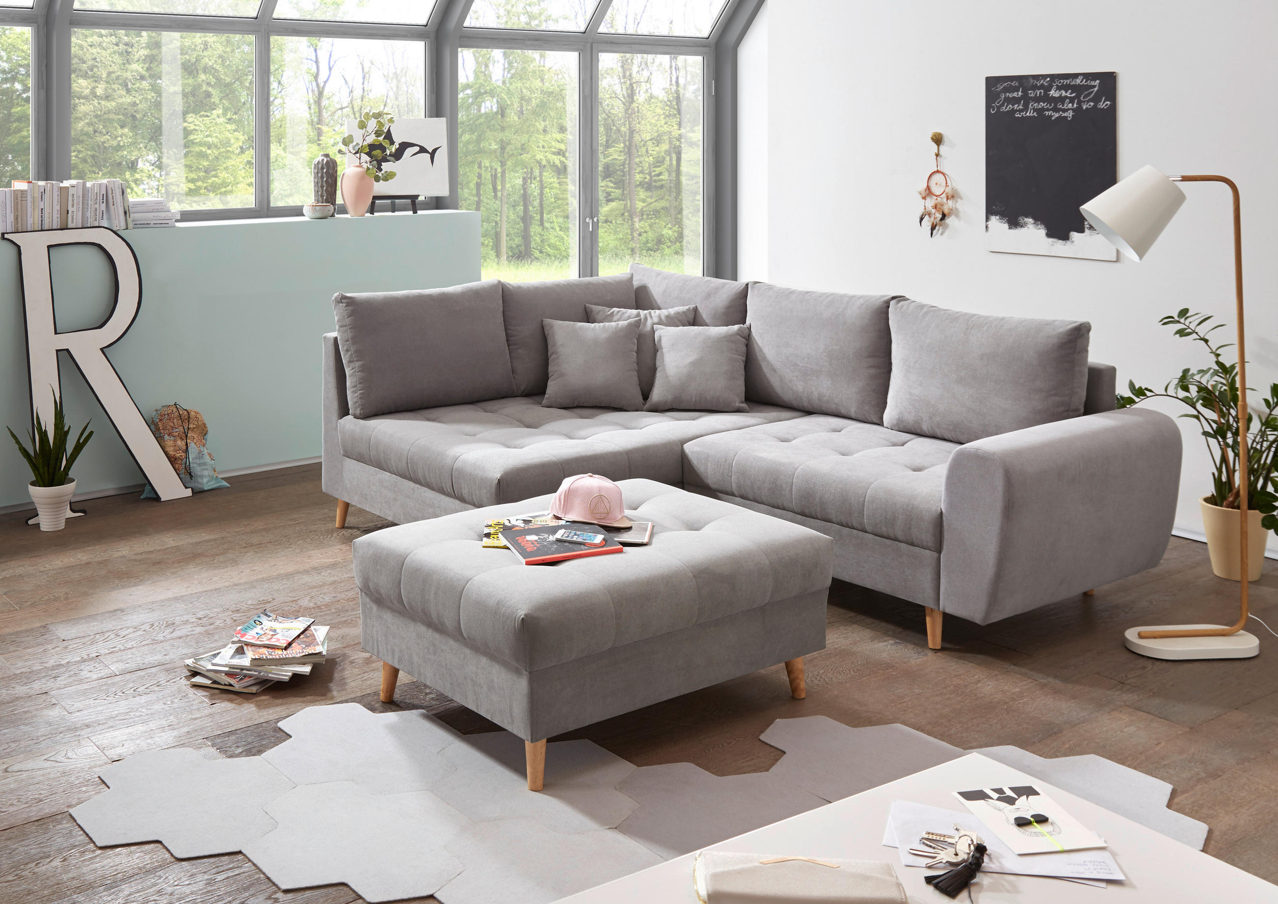 HOCKER Mikrovelours Hellgrau  - Hellgrau/Kieferfarben, KONVENTIONELL, Holz/Textil (106/48/80cm) - MID.YOU