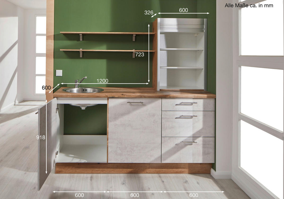 KÜCHENBLOCK 180 cm   in Graphitfarben, Eichefarben  - Edelstahlfarben/Eichefarben, Design, Holzwerkstoff/Metall (180cm) - Pino