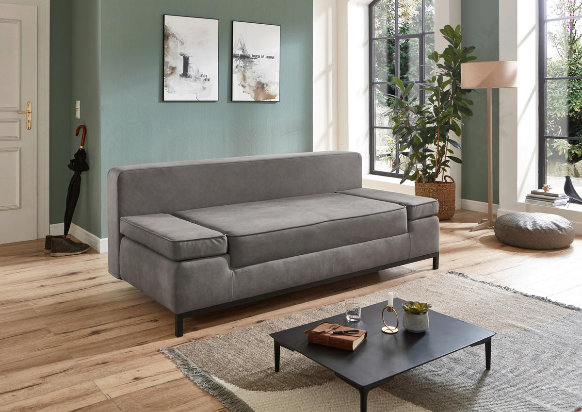 SCHLAFSOFA Mikrofaser Hellgrau  - Hellgrau/Schwarz, KONVENTIONELL, Kunststoff/Textil (202/90/97cm) - Carryhome