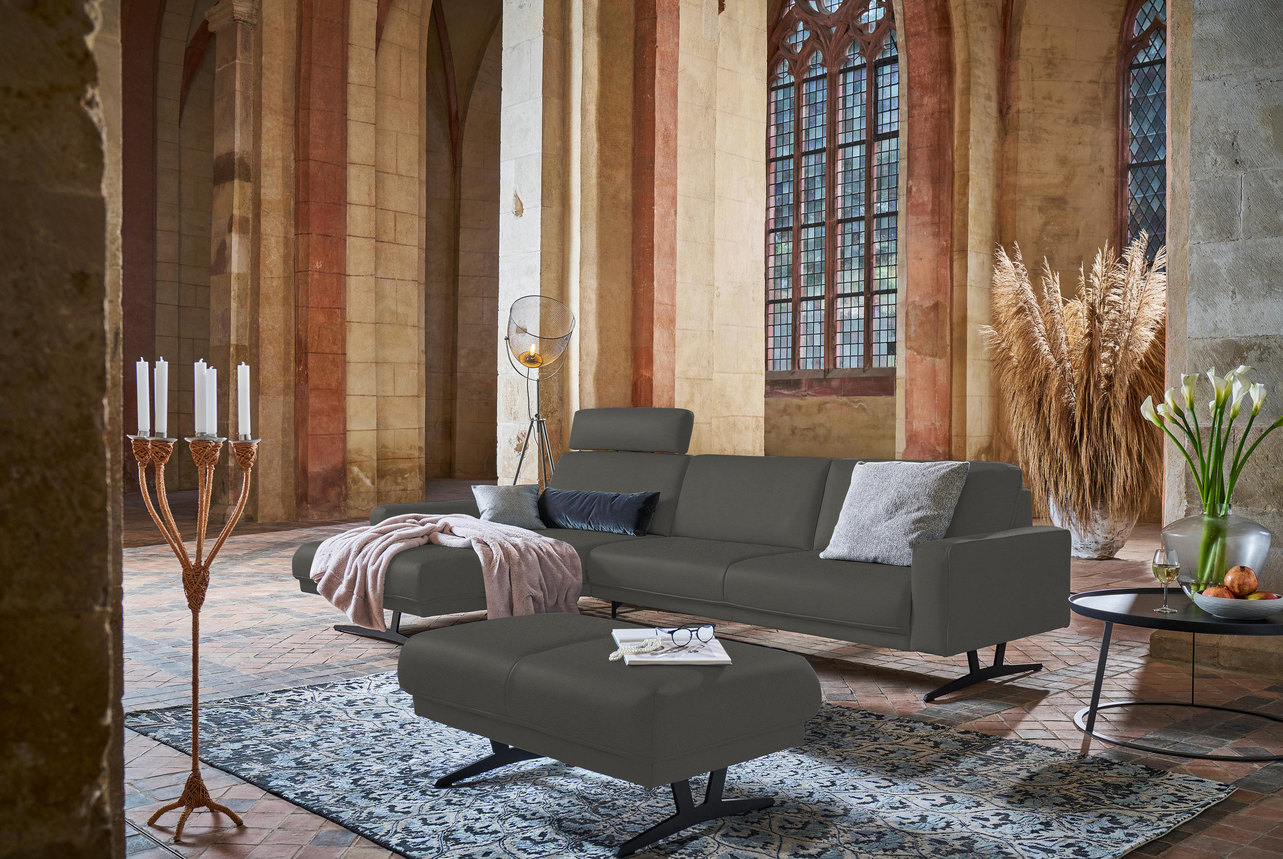 ECKSOFA in Echtleder Grau  179/324 cm  - Anthrazit/Grau, KONVENTIONELL, Leder/Metall (179/324cm) - Johann Jakob