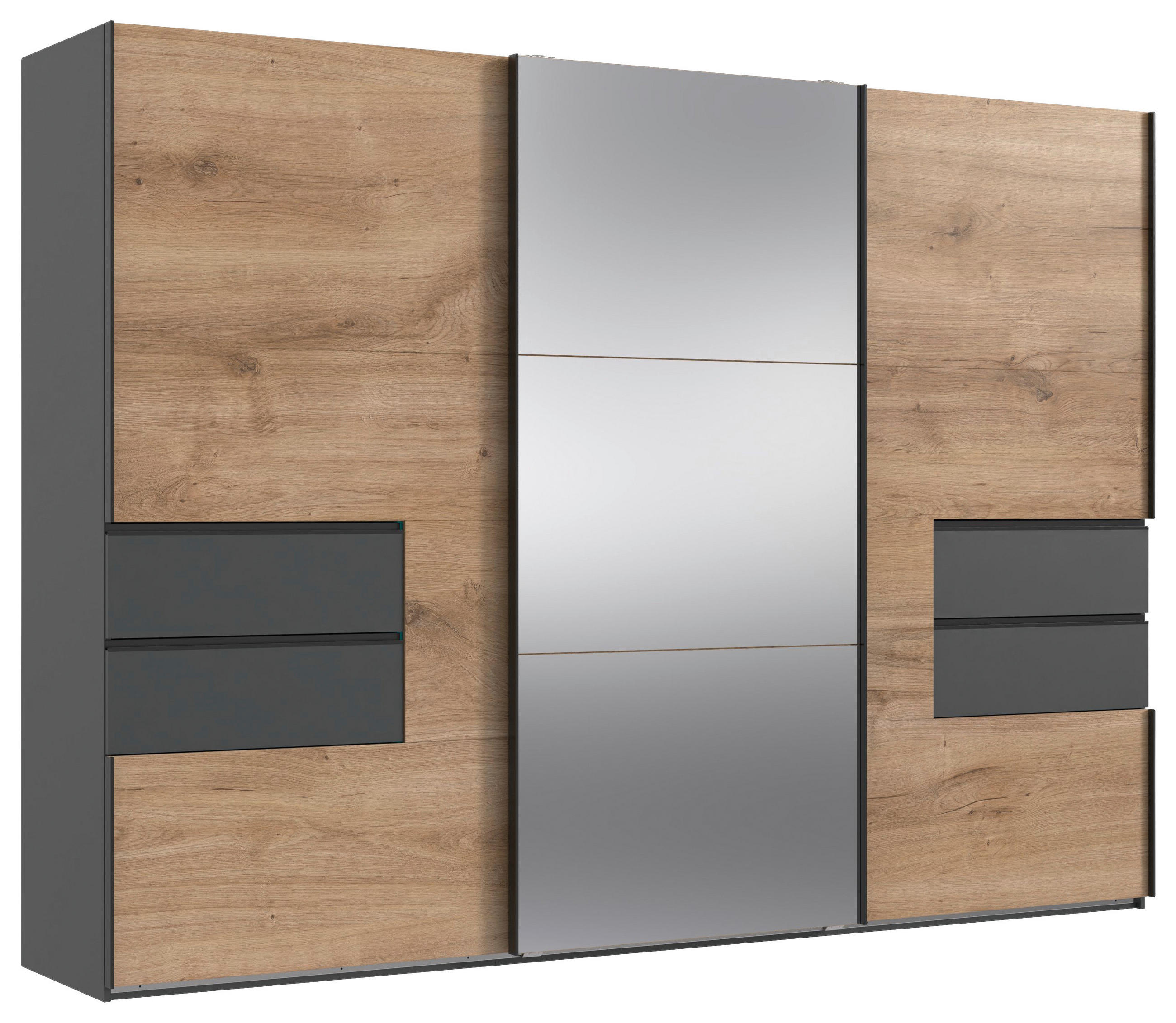 SCHWEBETÜRENSCHRANK 300/216/65 cm 3-türig Graphitfarben, Eichefarben  - Eichefarben/Schwarz, MODERN, Holzwerkstoff/Metall (300/216/65cm) - MID.YOU