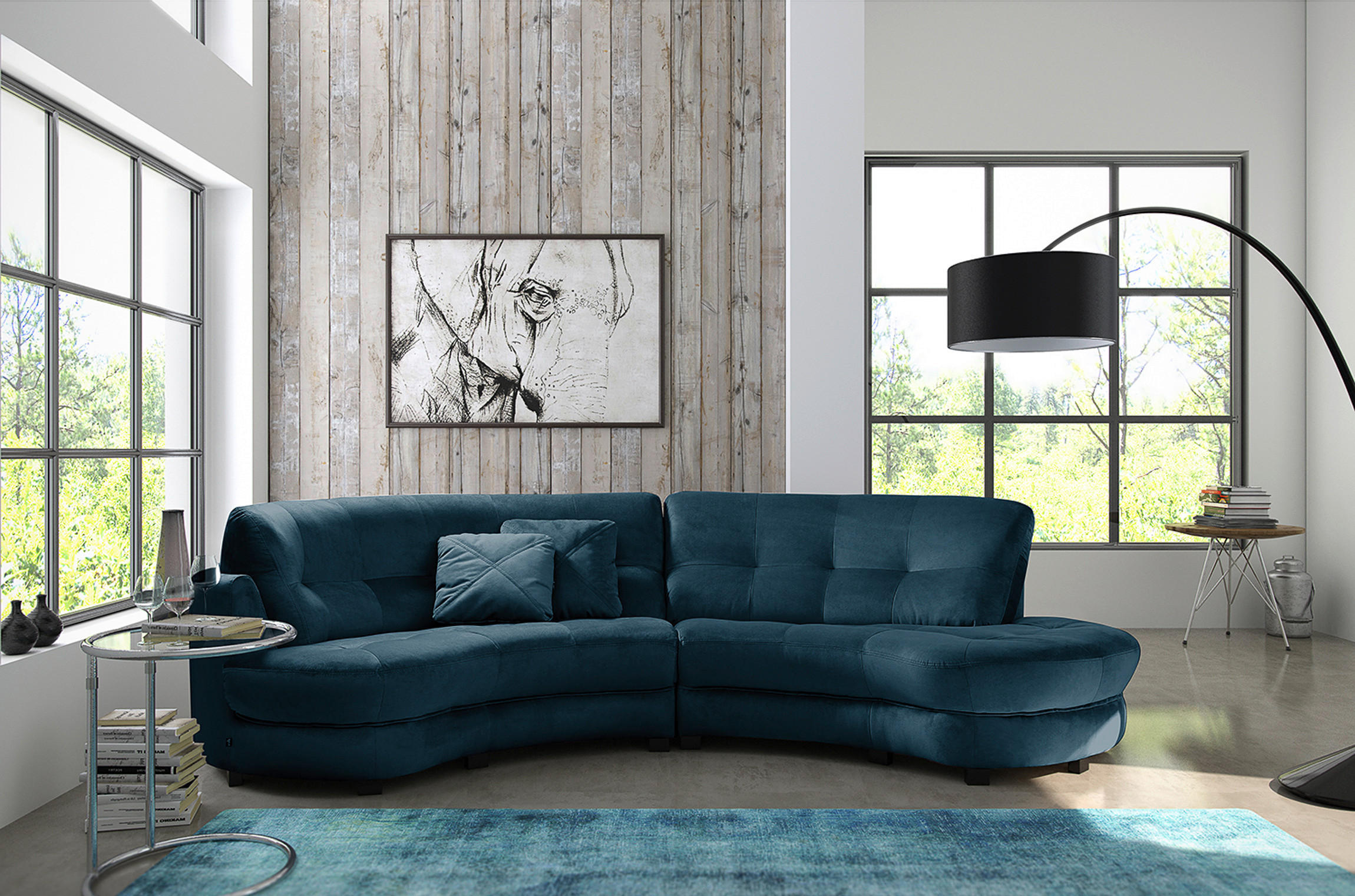 ECKSOFA Ottomane rechts, Rundform  BRETANIA Dunkelblau Samt  - Schwarz/Dunkelblau, Design, Kunststoff/Textil (300/113cm) - Livetastic