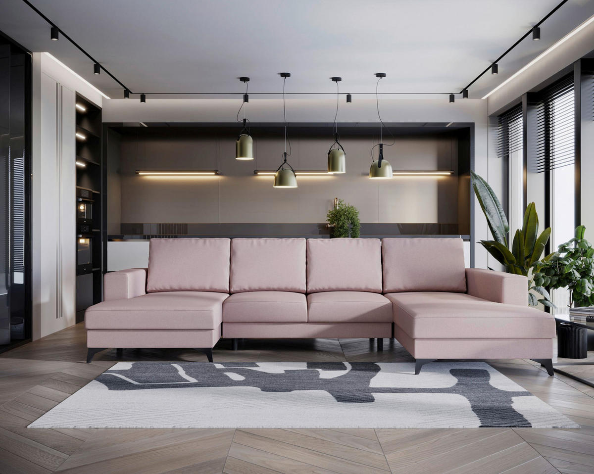WOHNLANDSCHAFT in Flachgewebe Rosa  - Schwarz/Rosa, Design, Textil/Metall (156/339/190cm) - Livetastic
