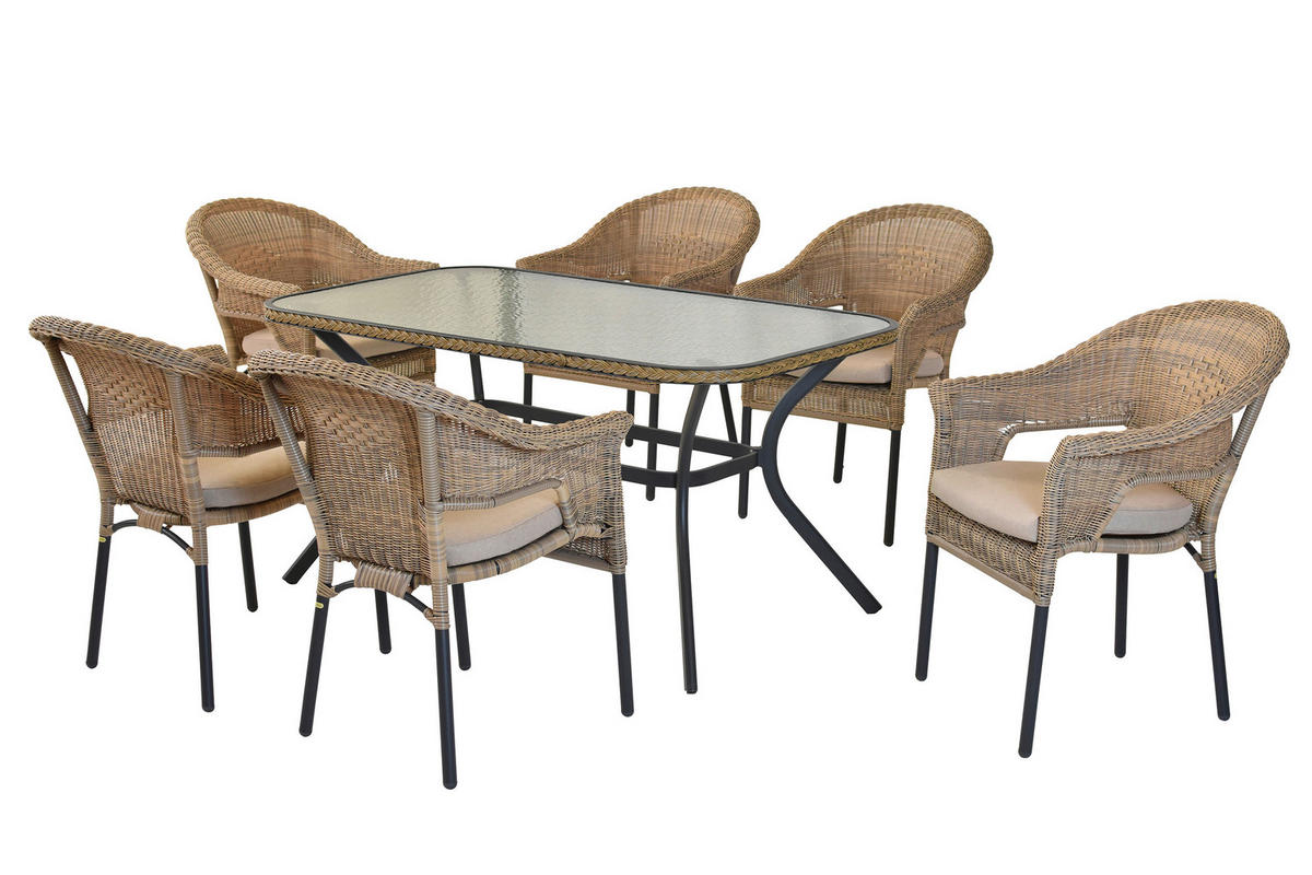 GARTENTISCHGRUPPE  - Beige/Graphitfarben, KONVENTIONELL, Glas/Kunststoff - Gardenson