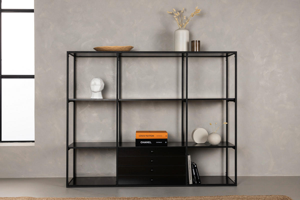 REGAL Schwarz, Nussbaumfarben  - Nussbaumfarben/Schwarz, Design, Holzwerkstoff/Metall (150/120/35cm) - Livetastic
