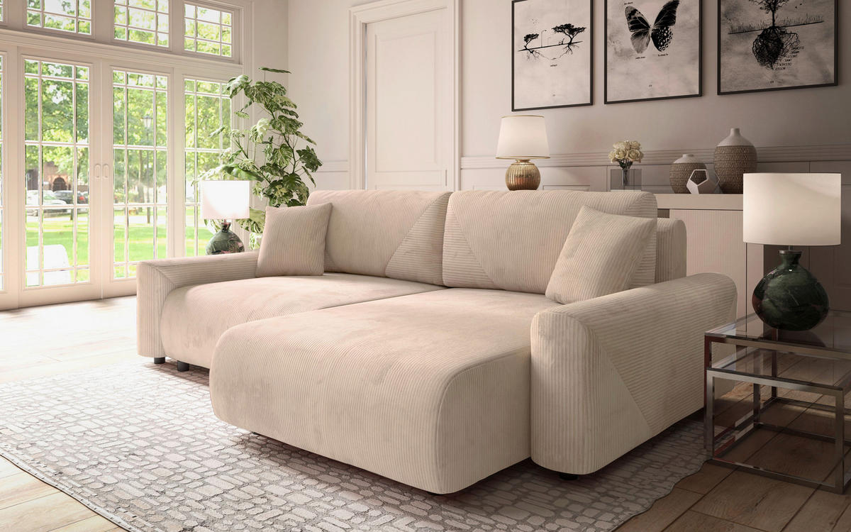 Ecksofa inkl. Funktionen Beige Cord  - Beige/Schwarz, MODERN, Kunststoff/Textil (238/168cm) - Stylife
